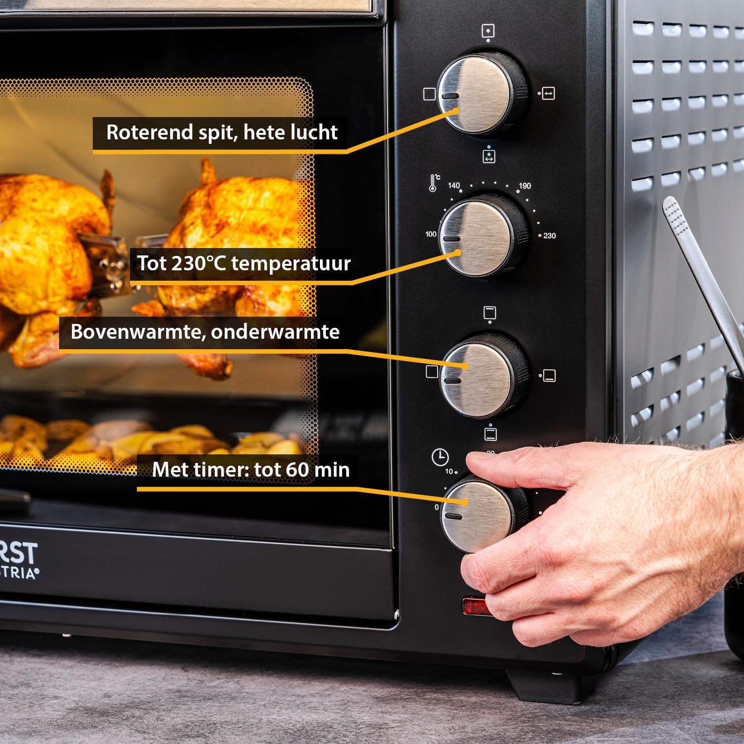 Minioven 60l I 2000W I Convectie + draaispit I 4 verwarmingselementen I Temperatuurbereik tot 230 °C I Timer 60 min I Roestvrij staal I Zwart VERSATILE KOOKOPTIES - PIZZAS, FRYING, GRILLING, CASSEROLES EN MEER: Gebruik de flexibele verwarmingsmodi (hogere
