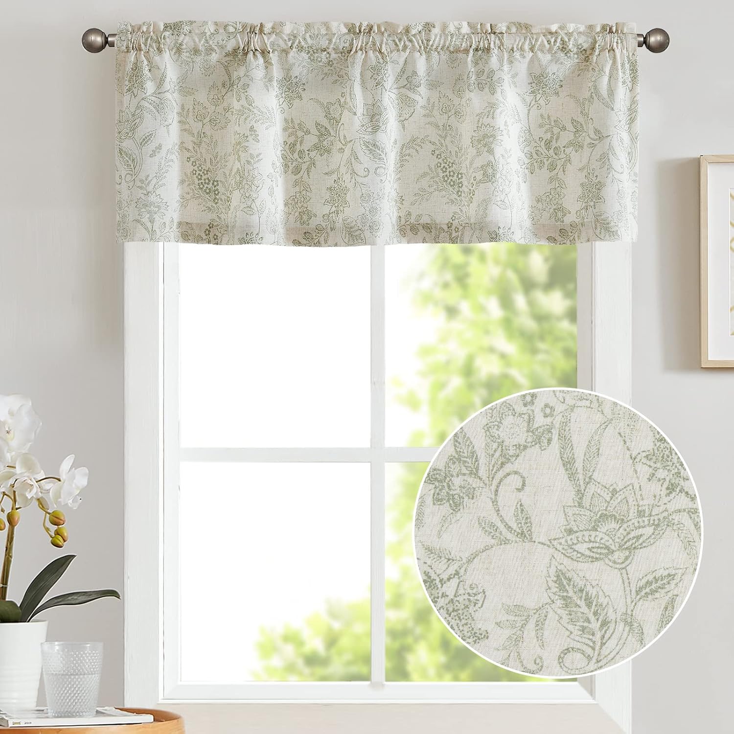TOPICK Bloemen Keuken Gordijnen 61 cm Drop Linnen Doorschijnend Korte Cafe Botanische Print Kleine Raam Rod Pocket voor Wasruimte Badkamer 2 Panelen Verbena Grijs Verpakking: je ontvangt 2 gordijnen van 85% polyester+15% linnen. De afmetingen per stuk zij