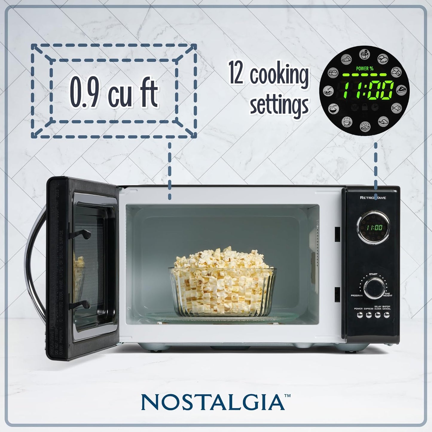 Nostalgia Retro Magnetron 25 liter 900 watt Nostalgia Retro Magnetron UKNRMO9AQ6A, 25 liter, 900 watt met 5 vermogensniveaus, 12 voorgeprogrammeerde kookinstellingen, draaitafel, digitale klok, aqua-kleur Klassieke look GEMAKKELIJK TE LEZEN KLOK: U hoeft