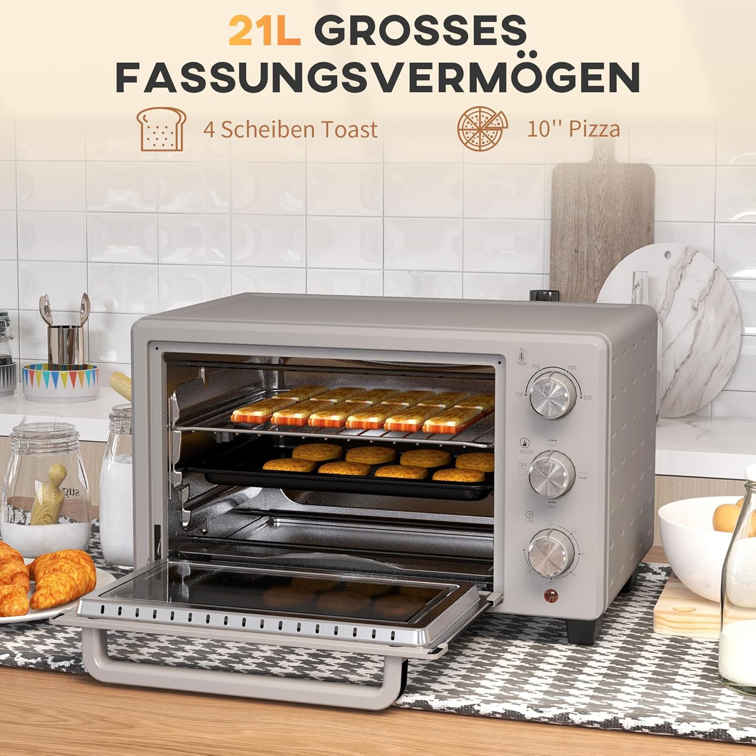 HOMCOM Mini Backoven 21L Pizza-Oven Individuell einstellbare Kocherlebnisse: Mit einer Temperaturwahl von 100 °C bis 230 °C und einem einstellbaren Timer des Tischbackofens bis zu 60 Minuten können Sie jedes Gericht genau nach Ihren Wünschen zubereiten. O
