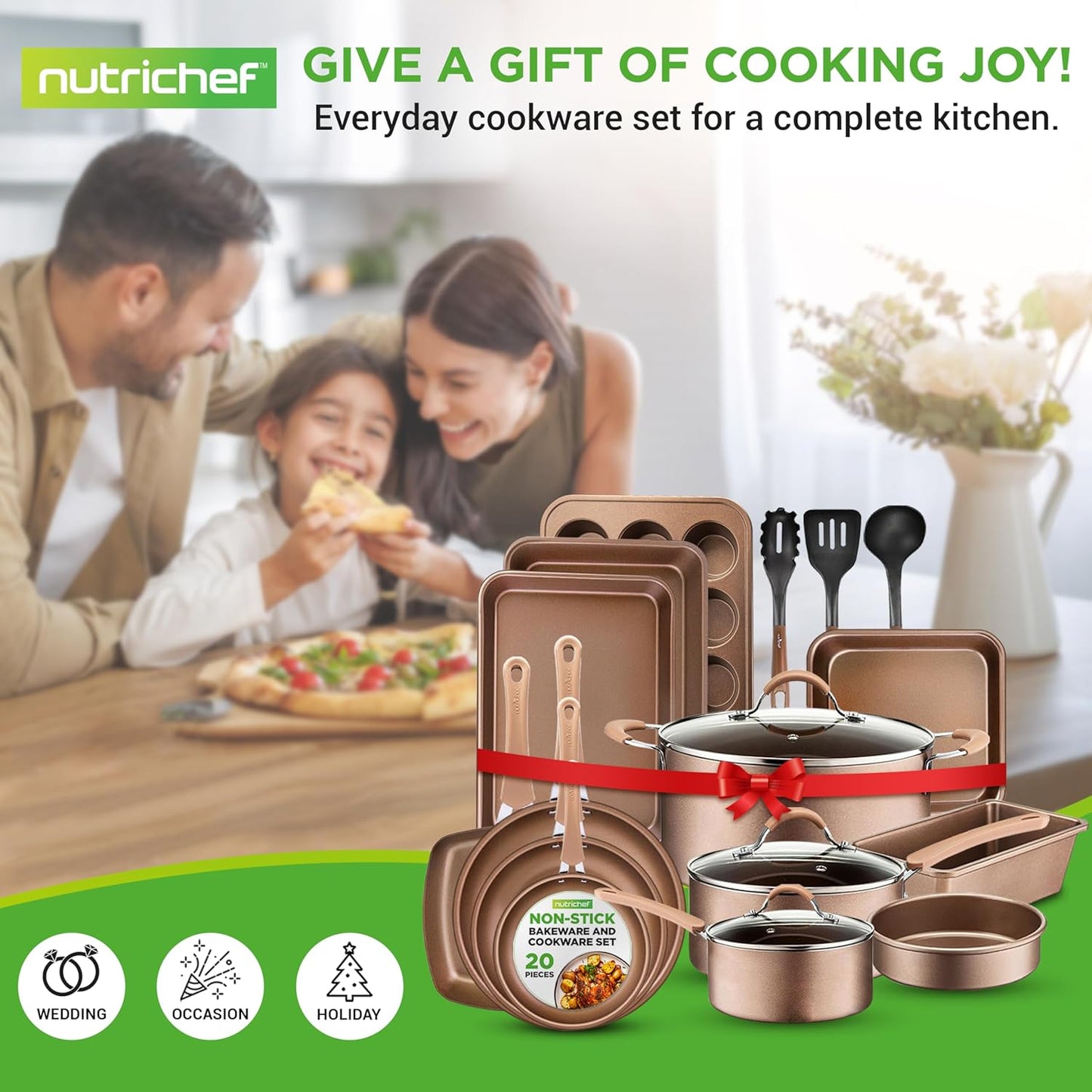 NutriChef Kookpannenset 20-delige Antiaanbak pannen en -potten met Bakgerei 20-DELIGE SET: NutriChef 20-delige antiaanbak pannenset inclusief (6) bakvormen, 3 nylon kookgerei, siliconen vergiet, 20 cm, 25 cm, 30 cm open koekenpan, 1,4 L & 2,4 L sauspan me