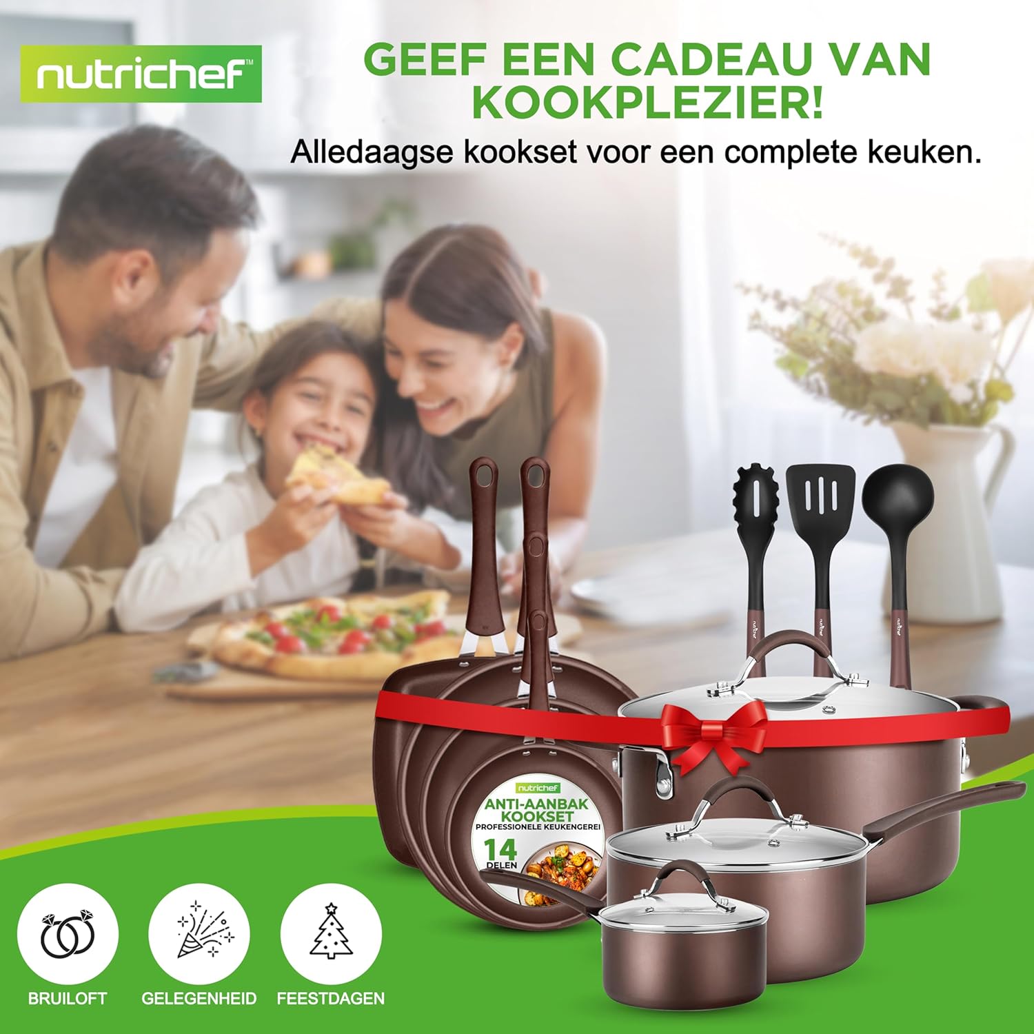 NutriChef Pannenset 14-delige Antiaanbak Kookset- Kookpannenset Over dit item 14-DELIGE SET: NutriChef biedt een 14-delige antiaanbak kookset, inclusief een sauspan van 1,4 liter en 2,4 liter met deksels, een braadpan van 4,7 liter met deksel, een grote k
