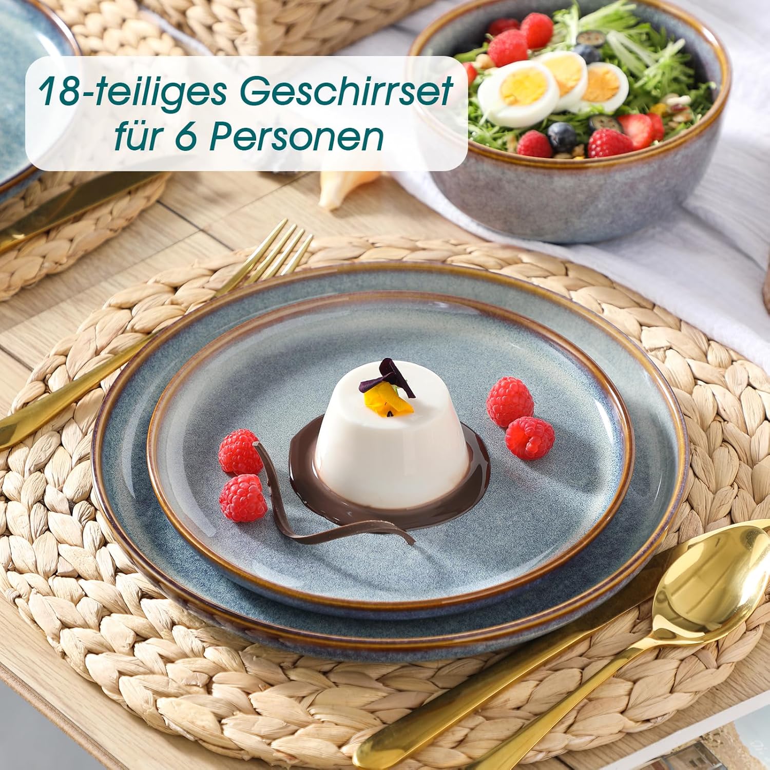 vancasso PLAYA Tafelservies voor 6 personen, 18-delig, modern, aardewerk serviesset, bevat kom, dessertborden en platte borden, vaatwasmachinebestendig, blauw Compleet assortiment servies: de moderne vancasso PLAYA serviesset voor 6 personen omvat 6 komme