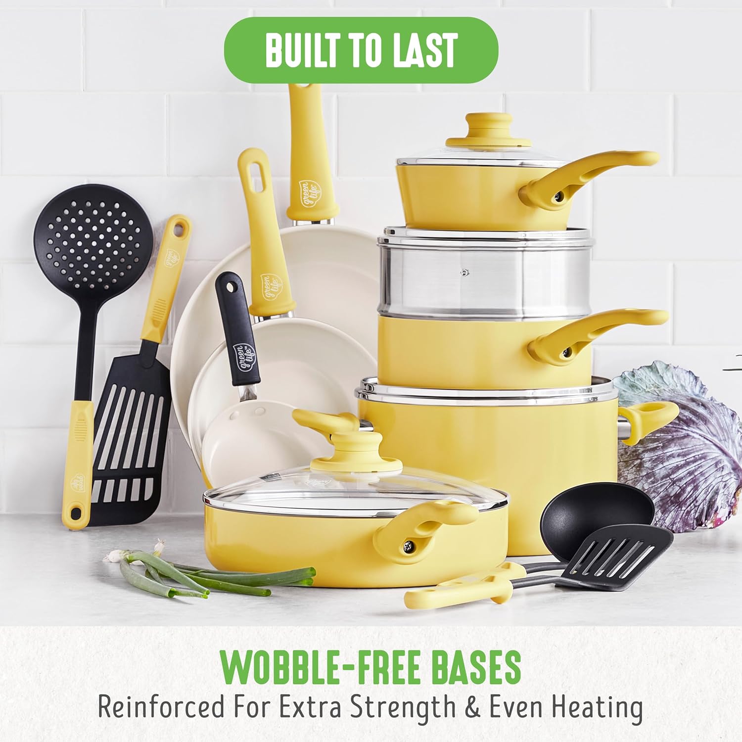 GreenLife Soft Grip Gezonde Keramische Antiaanbaklaag 16-delige Pannenset Over dit item DE POT EN PAN SET INCLUSIEF: 12 cm minikoekenpan, 18 cm en 24 cm koekenpan; 15 cm/1,1l en 18 cm/1,9l steelpan met deksel, 22 cm/4,8 kookpan met deksel, 24 cm/2,4l hapj