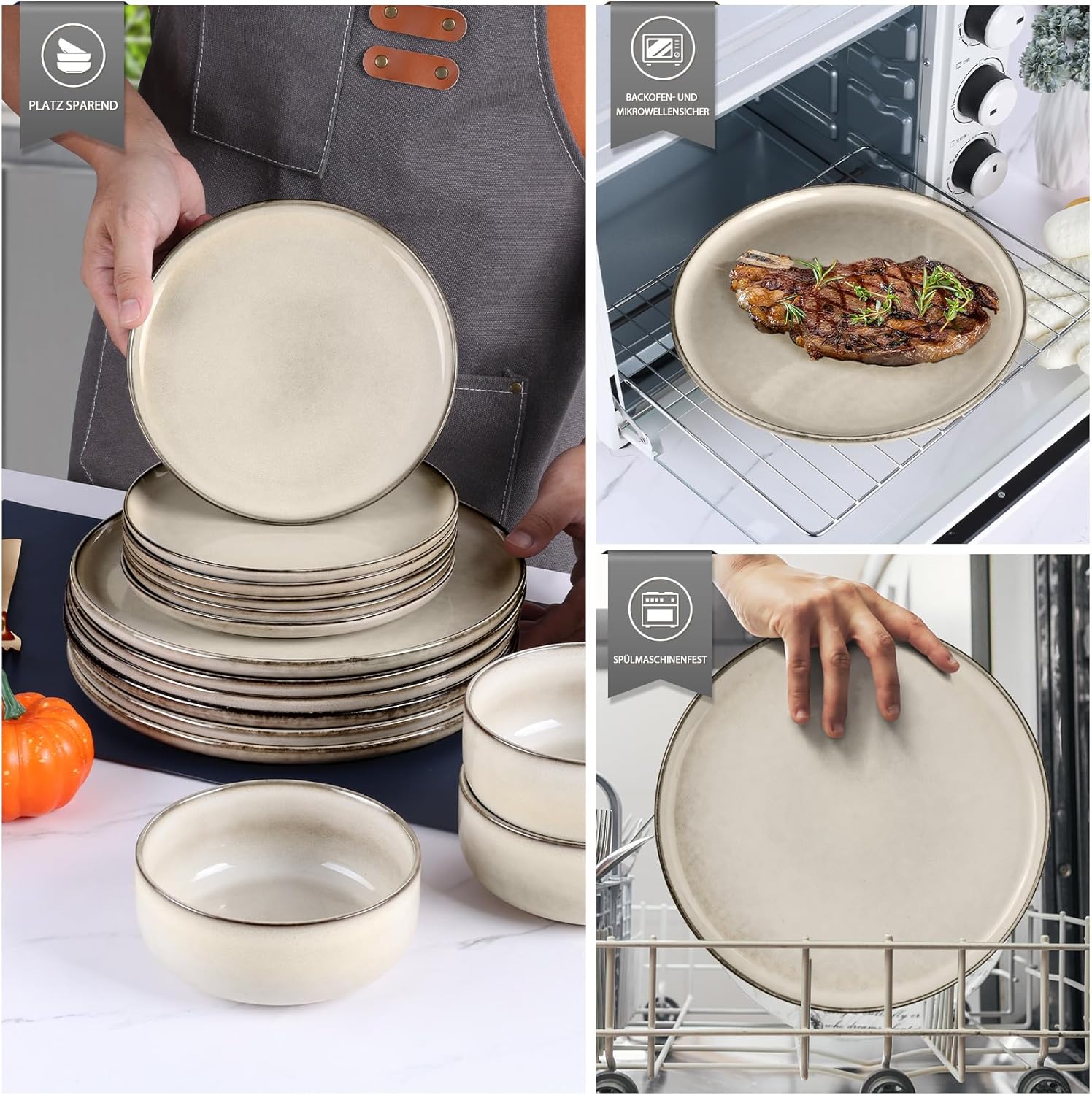 Onader Serviesset voor 6 personen, 18-delig aardewerk, combiservies, 6 platte borden, dessertborden, mueslikommen, vaatwasmachinebestendig, parelbeige De 18-delige tafelserviesset van Onader is gemaakt van superieur aardewerk met reactief glazuur, niet gi
