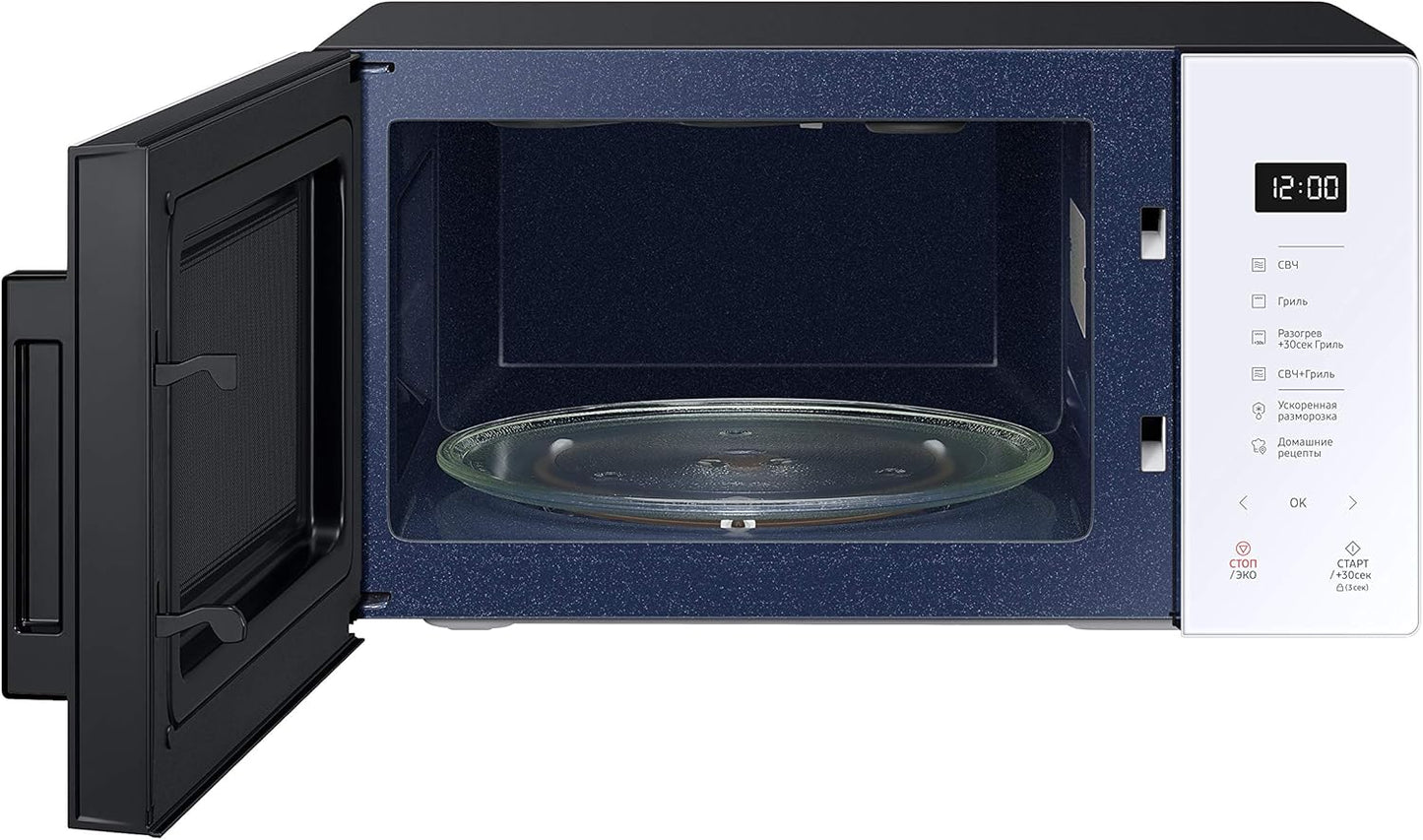 Samsung MG23T5018CP/ET Design AirFry, magnetron + grill 800 W + 1100 W, 23 l, 49 l x 27,5 h x 38 p, poeder Porseleinen gekleurd glasontwerp, aanraakpaneel dat bij je keuken past als een designelement. Samsung heeft een magnetron met een kleurrijk design g