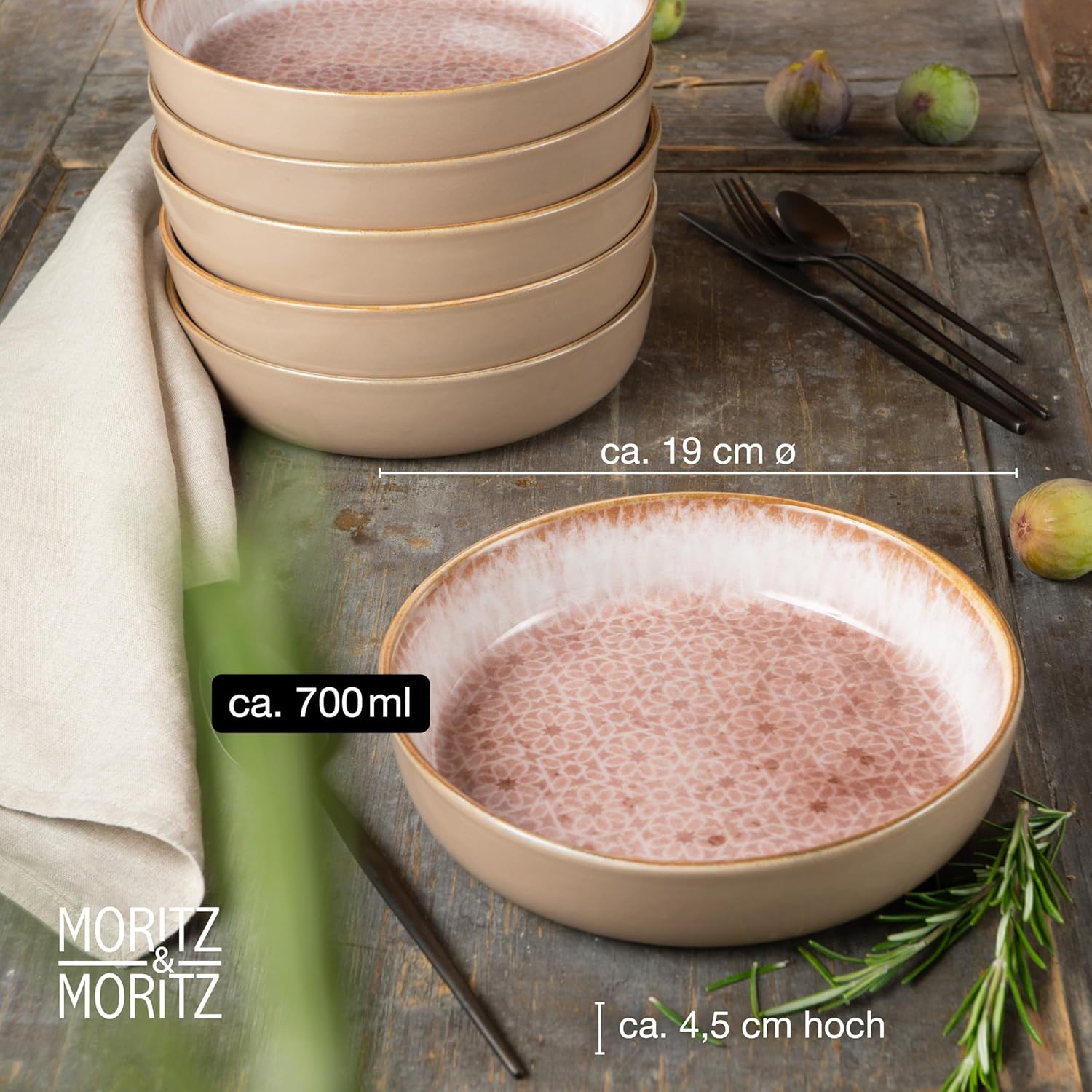 Moritz & Moritz TERRA 18-delige serviesset voor 6 personen, bordenset in zacht roze, van hoogwaardig porselein, serviesset voor 6 personen, elk 6 x platte borden, dessertborden en kommen 18-delige serviesset verander elke maaltijd in een onvergetelijke er