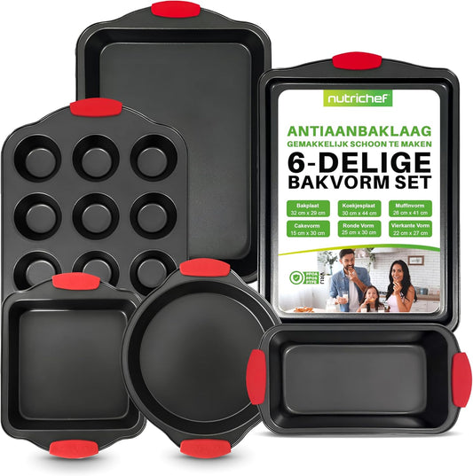 NutriChef Bakvormenset - 10-Delige Antiaanbak Bakset 10-DELIGE SET: De 10-delige Bakvormenset biedt complete en hoogwaardige keukenaccessoires voor het bakken van cakes, broden of muffins. Inclusief bakvorm, pizzapan, kleine bakplaat, 2 ronde vormen, vier