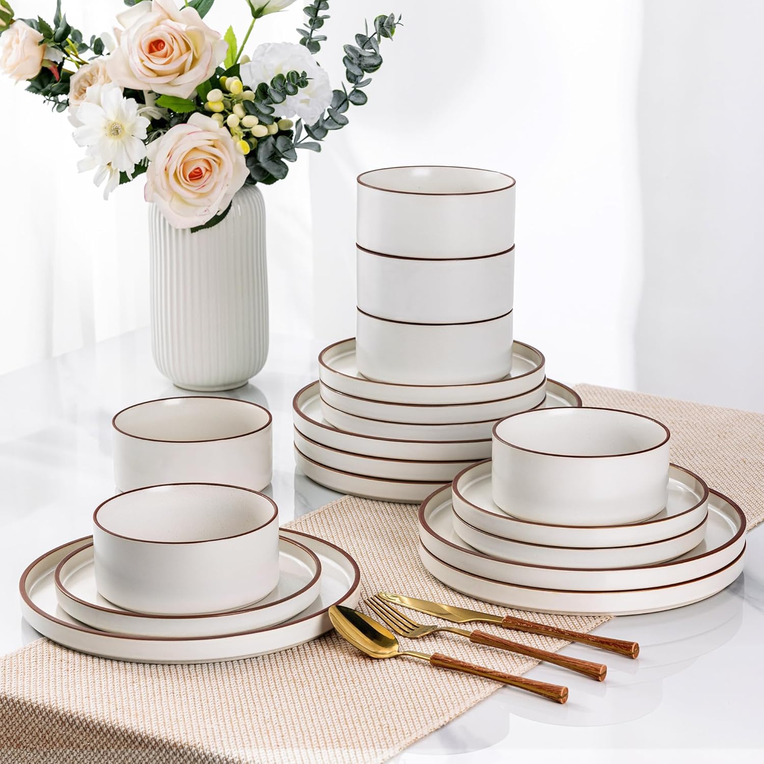 LeRatio Diner Set voor 6, 18-delige set borden en kommen van aardewerk, chip- en krasbestendig serviesset, oven- en vaatwasser- en magnetronbestendige serviesset (gespikkelde zwart-witte rand, servies LeRatio Diner Set voor 6, 18-delige set borden en komm