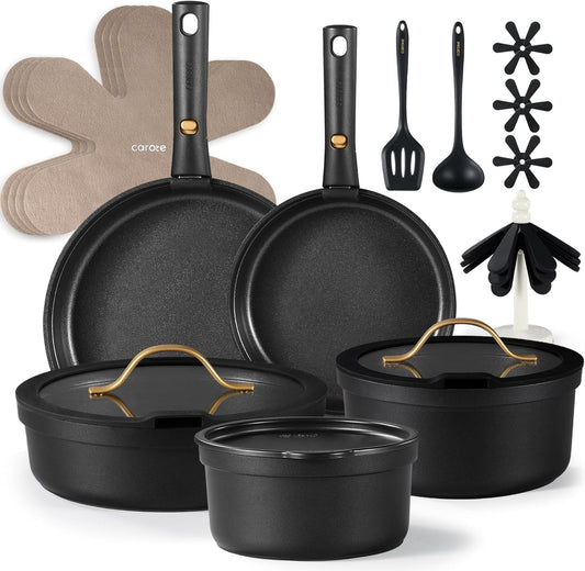 CAROTE Pannenset met afneembare handgrepen 20-delig anti-aanbak kookgerei Over dit item CAROTE Pannen/pannenset met afneembare handgrepen, pan, steelpan, wok, anti-aanbaklaag, koken, stapelbare pan, inductie, ovenbestendig, vaatwasser Voor een opgeruimde
