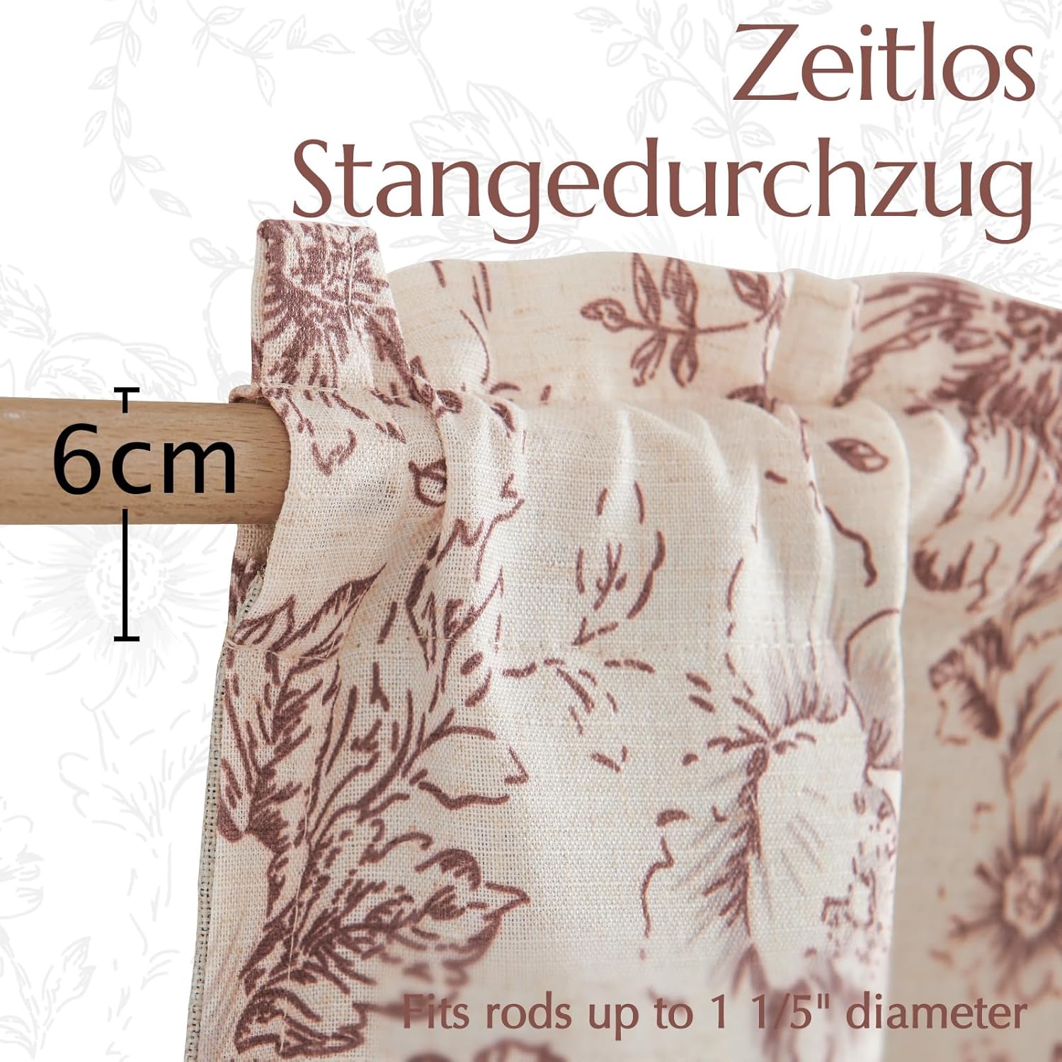 TOPICK Vitrage, linnenlook, boerderij, bloemen, klein raamgordijn, dubbellaags verduistering, korte keukengordijnen voor woonkamer, keuken, staafzak, 1 stuk, 125 x 45 cm (b x h), rood op beige Linnen gordijnen met bloem: dompel je huis onder in de seizoen