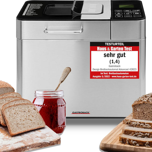 Gastroback 42823 Design broodbakmachine Advanced Productbeschrijving Gastroback 42823 Design broodbakmachine Advanced, roestvrij staal, 18 programma's, automatisch ingrediëntenvak, voor 500 g, 750 g en 1.000 g brood, kijkvenster, timer, 18/8, zilver Inhou