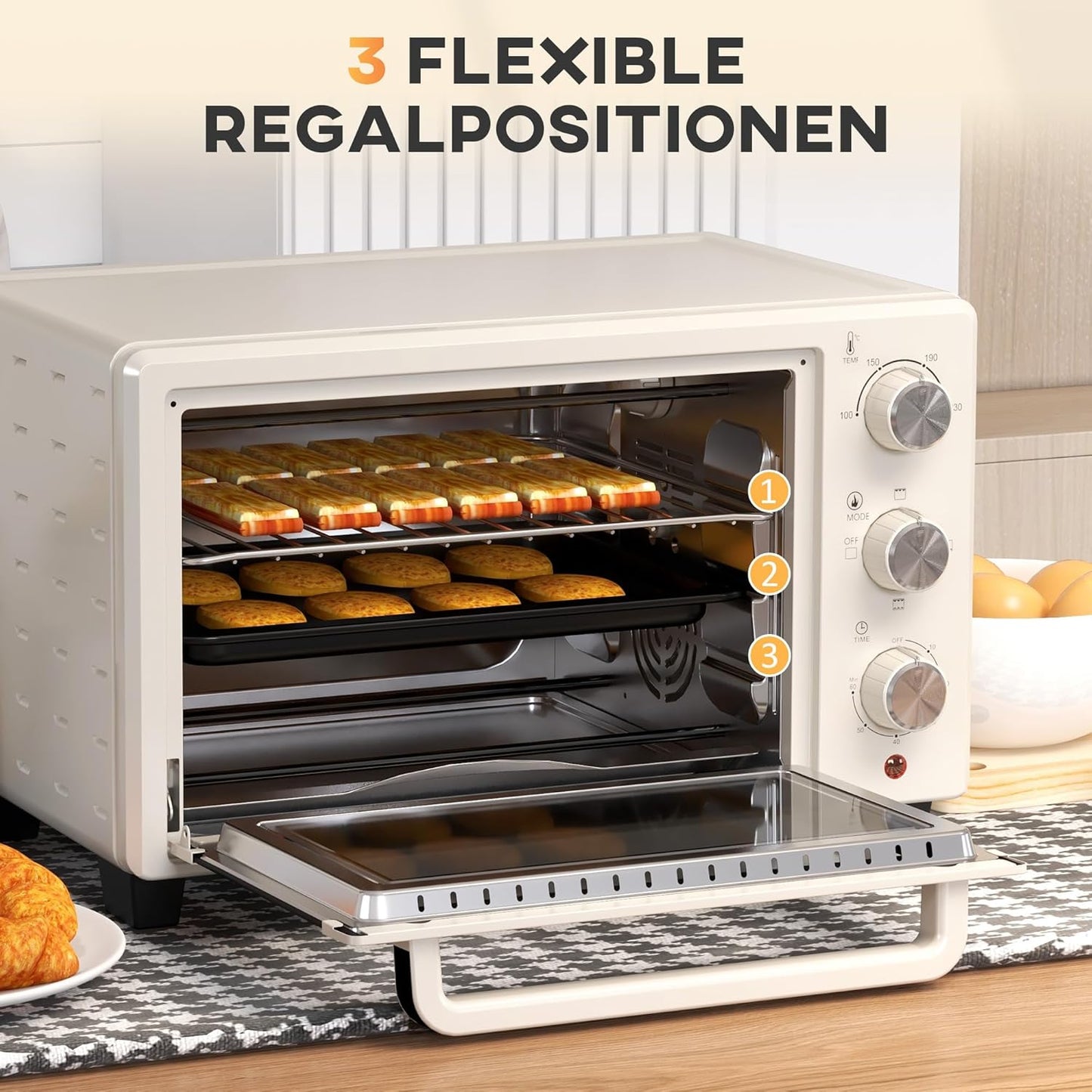 HOMCOM Mini Backoven 21L Pizza-Oven Individuell einstellbare Kocherlebnisse: Mit einer Temperaturwahl von 100 °C bis 230 °C und einem einstellbaren Timer des Tischbackofens bis zu 60 Minuten können Sie jedes Gericht genau nach Ihren Wünschen zubereiten. O