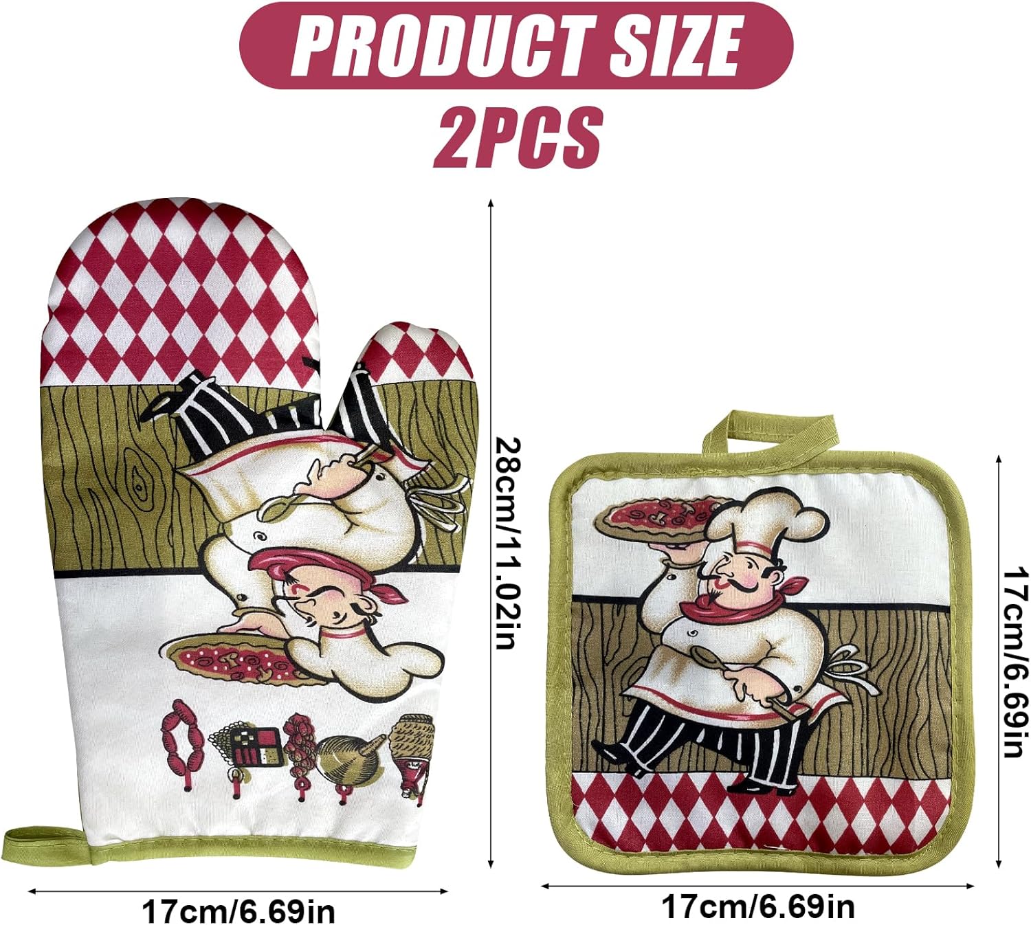 Ovenhandschoenen en pannenlappen set van 2 Over dit item Ovenhandschoenen en pannenlappen, 1 set ovenhandschoenen, hittebestendige antislip keukenhandschoenen voor keuken, barbecue, barbecue. Specificaties: Naam: Ovenhandschoen en pannenlap Materiaal: Pol