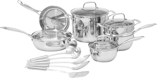 Basics Kookset, roestvrij staal, 15-delig, potten, pannen en kookgerei Over dit item De 15-delige set bestaat uit een koekenpan van 20,3 cm, een steelpan van 1,4 liter met deksel, een steelpan van 2,4 liter, een stoompan met deksel, een sauteerpan van 2,8