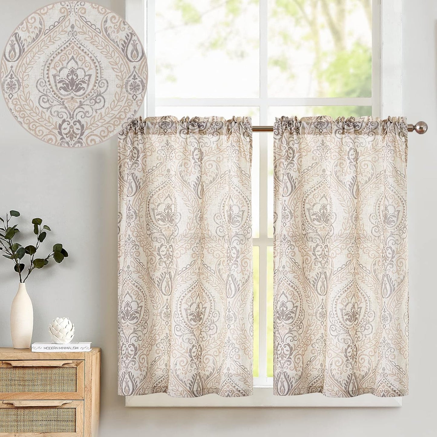 TOPICK Bloemen Keuken Gordijnen 61 cm Drop Linnen Doorschijnend Korte Cafe Botanische Print Kleine Raam Rod Pocket voor Wasruimte Badkamer 2 Panelen Verbena Grijs Verpakking: je ontvangt 2 gordijnen van 85% polyester+15% linnen. De afmetingen per stuk zij