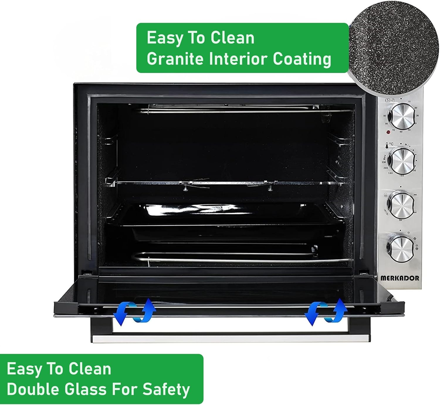 XXL Vrijstaande Oven - 70 Liter - 2000 Watt - Hetelucht - Rotisserie (Draaispit) - Eenvoudig Te Reinigen Granietcoating Rotisserie-functie (Draaispit), Heteluchtfunctie, Grillfunctie › Meer productgegevens bekijken Merk Merkador Capaciteit 70 Liter Specia