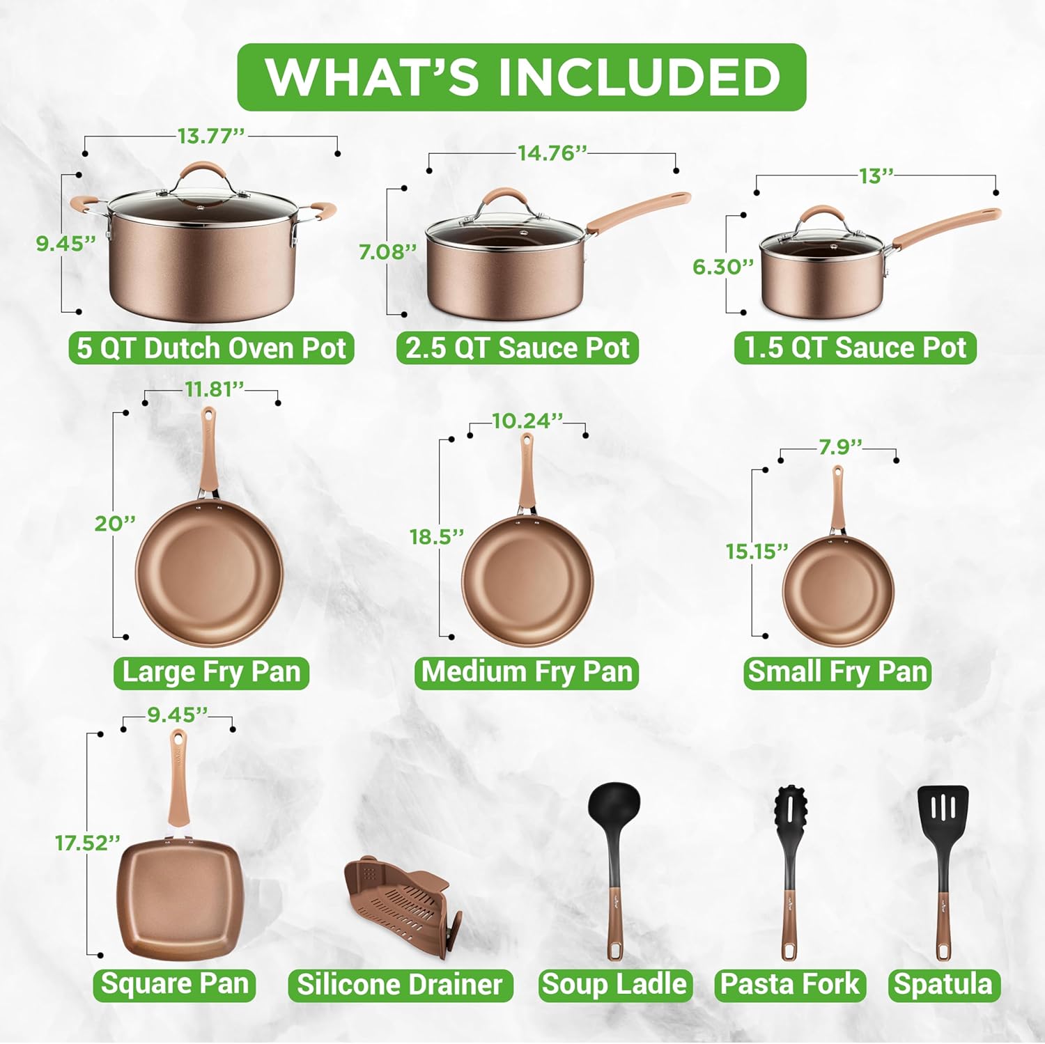 NutriChef Kookpannenset 20-delige Antiaanbak pannen en -potten met Bakgerei 20-DELIGE SET: NutriChef 20-delige antiaanbak pannenset inclusief (6) bakvormen, 3 nylon kookgerei, siliconen vergiet, 20 cm, 25 cm, 30 cm open koekenpan, 1,4 L & 2,4 L sauspan me