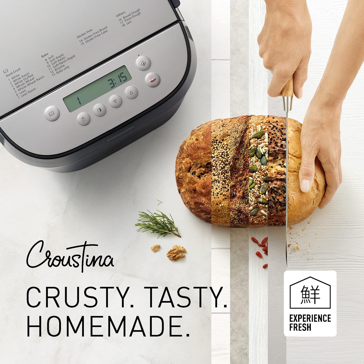 Panasonic broodbakmachine knapperig brood Croustina SD-ZF2010KXF, De enige broodbakmachine die je een knapperig en goudkleurig brood kan maken. met 18 programma's en uitgestelde start. Een nieuw ontwerp voor ronde en knapperige broden. 7 speciale programm