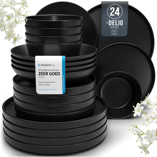 Manhattan Tafelservies, zwart aardewerk, 24-delig Over dit item MODERN. SPANNEND. STADS-COOL: Meer dan chique eetgerei, een pure levensstijl! Met de kom- & borden set voor 4 personen in stijlvol mat-zwart en met strakke vormen, haal je de inspirerende sta
