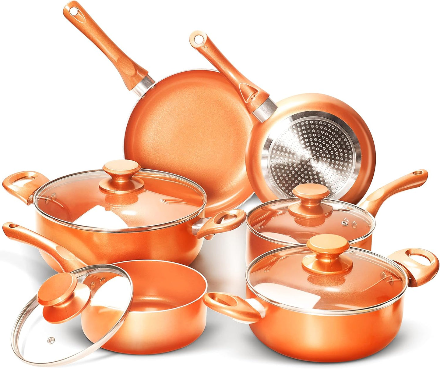 FRUITEAM 10 stks Kookgerei Set Keramische Nonstick Koekenpannenset Multifunctionele 10-delige kookgerei SetFRUITEAM keukengerei set bevat 8" & 10" koekenpan, 1,25-quart & 2-quart saus pan met deksel, 2,59 quart & 4,5-quart bouillonpot met deksel, voldoen