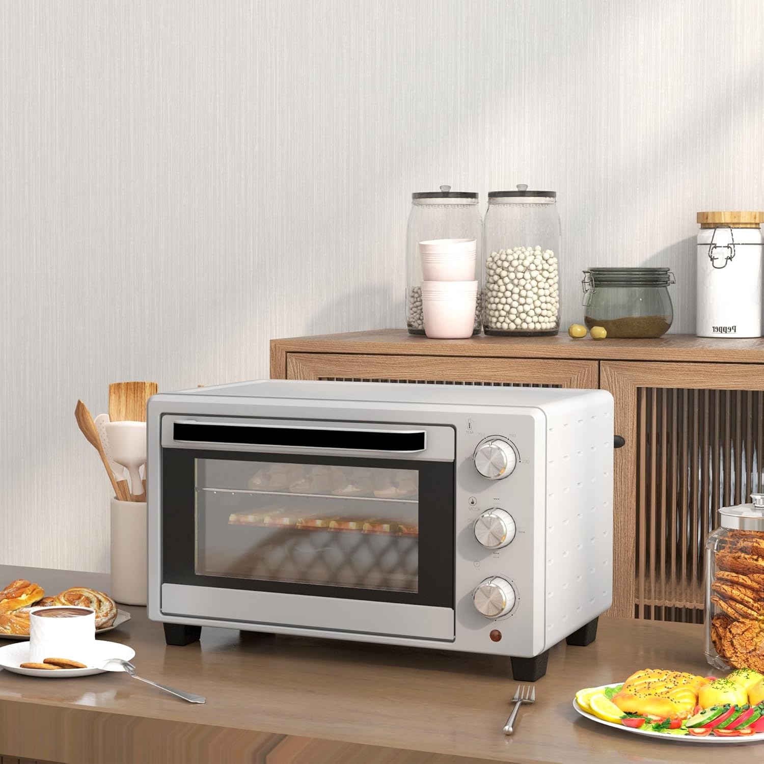 HOMCOM Mini Backoven 21L Pizza-Oven Individuell einstellbare Kocherlebnisse: Mit einer Temperaturwahl von 100 °C bis 230 °C und einem einstellbaren Timer des Tischbackofens bis zu 60 Minuten können Sie jedes Gericht genau nach Ihren Wünschen zubereiten. O