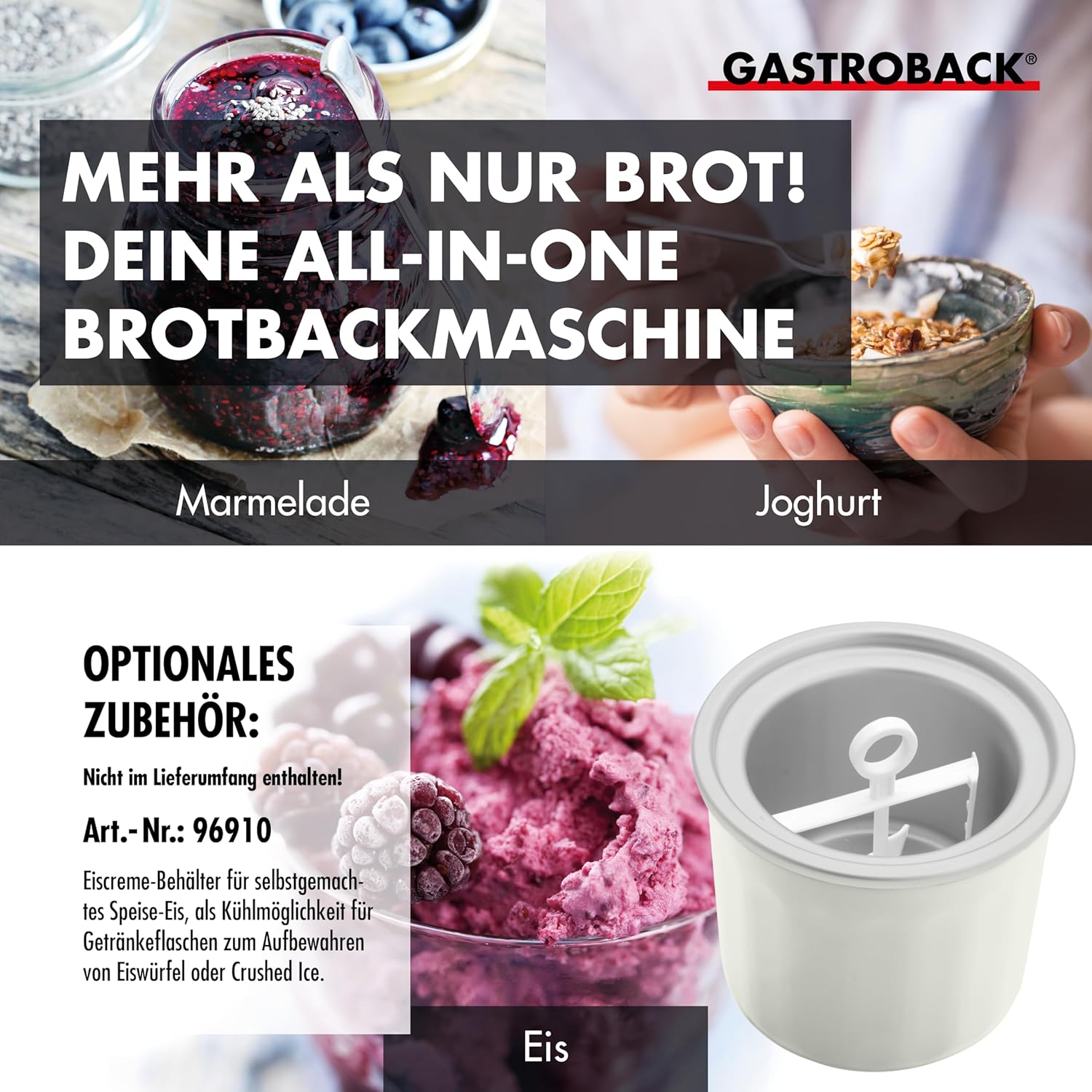Gastroback 42823 Design broodbakmachine Advanced Productbeschrijving Gastroback 42823 Design broodbakmachine Advanced, roestvrij staal, 18 programma's, automatisch ingrediëntenvak, voor 500 g, 750 g en 1.000 g brood, kijkvenster, timer, 18/8, zilver Inhou