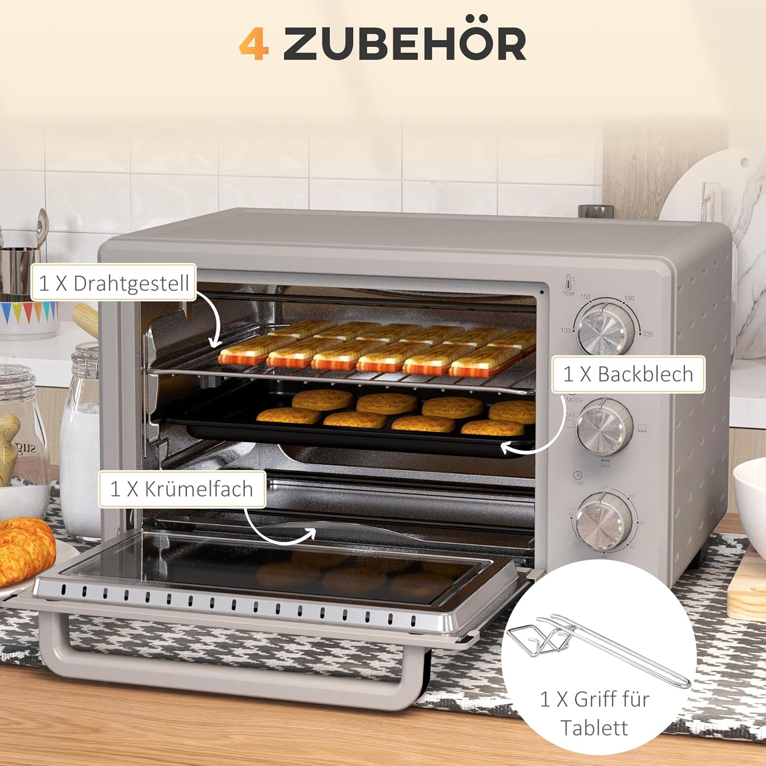 HOMCOM Mini Backoven 21L Pizza-Oven Individuell einstellbare Kocherlebnisse: Mit einer Temperaturwahl von 100 °C bis 230 °C und einem einstellbaren Timer des Tischbackofens bis zu 60 Minuten können Sie jedes Gericht genau nach Ihren Wünschen zubereiten. O