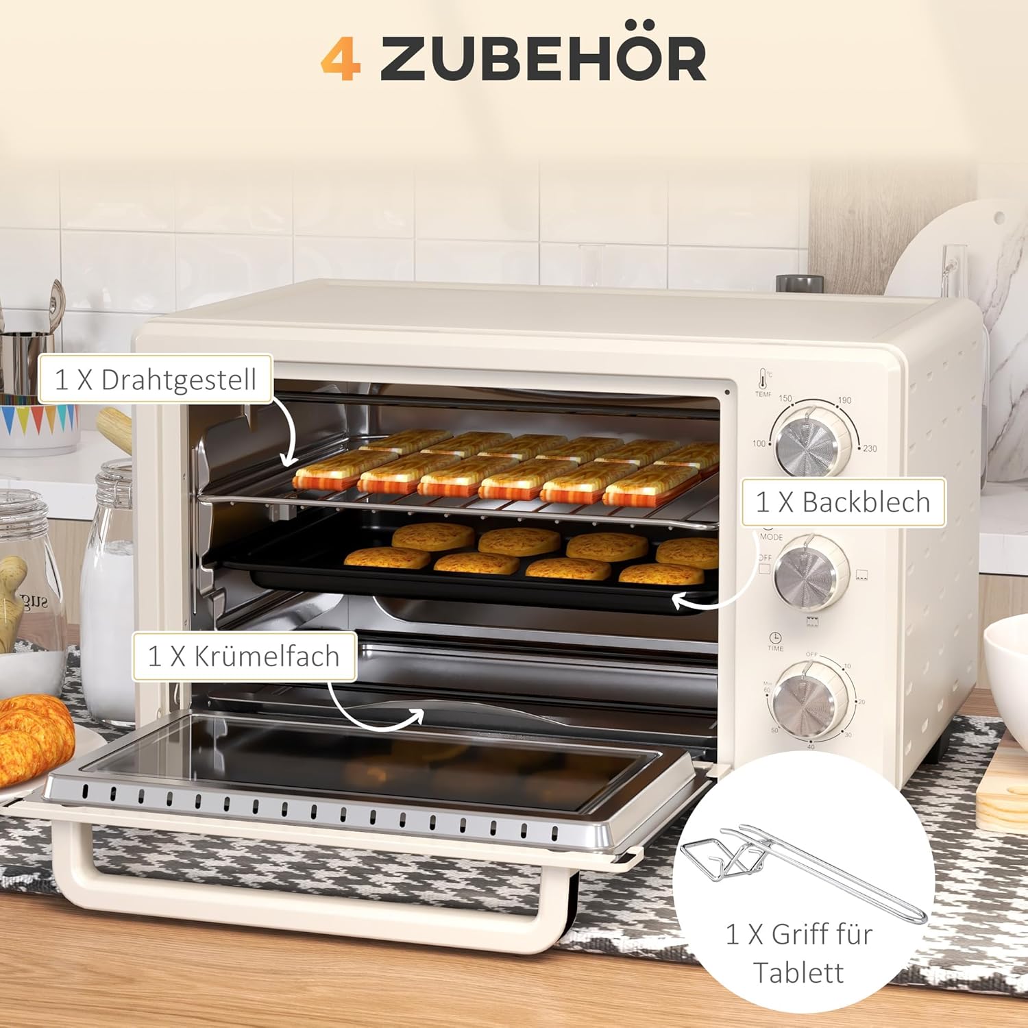 HOMCOM Mini Backoven 21L Pizza-Oven Individuell einstellbare Kocherlebnisse: Mit einer Temperaturwahl von 100 °C bis 230 °C und einem einstellbaren Timer des Tischbackofens bis zu 60 Minuten können Sie jedes Gericht genau nach Ihren Wünschen zubereiten. O