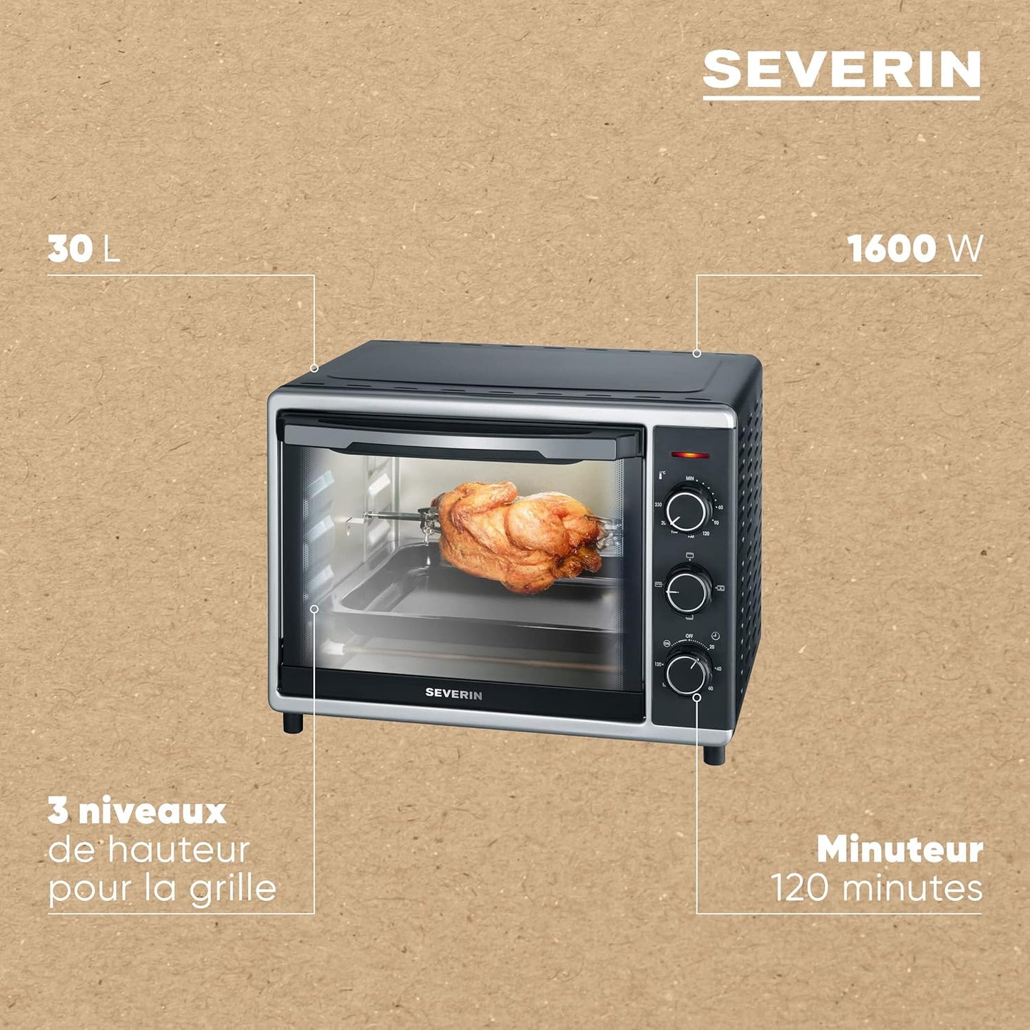 SEVERIN bak- en toastoven met heteluchtfunctie, mini-oven met grillrooster en bakplaat, 30 L inhoud, 1.600 W, zilver/zwart, TO 2056 [Energieklasse B] Betrouwbare en praktische bak- en toastoven met circulatiefunctie voor het bereiden van ovengerechten zoa