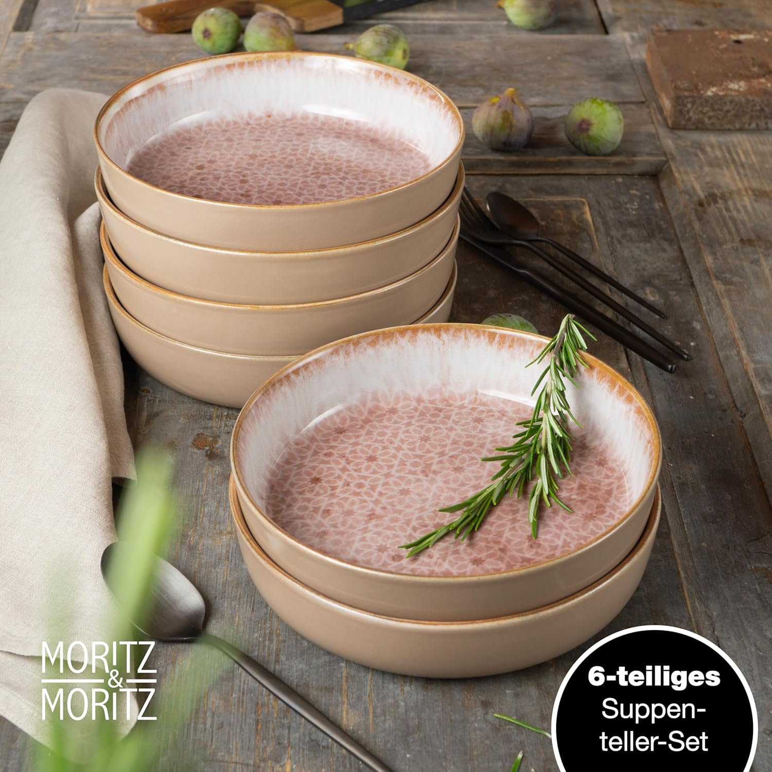 Moritz & Moritz TERRA 18-delige serviesset voor 6 personen, bordenset in zacht roze, van hoogwaardig porselein, serviesset voor 6 personen, elk 6 x platte borden, dessertborden en kommen 18-delige serviesset verander elke maaltijd in een onvergetelijke er