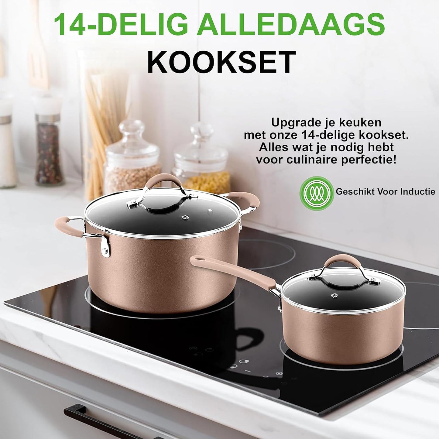 NutriChef Pannenset 14-delige Antiaanbak Kookset- Kookpannenset Over dit item 14-DELIGE SET: NutriChef biedt een 14-delige antiaanbak kookset, inclusief een sauspan van 1,4 liter en 2,4 liter met deksels, een braadpan van 4,7 liter met deksel, een grote k