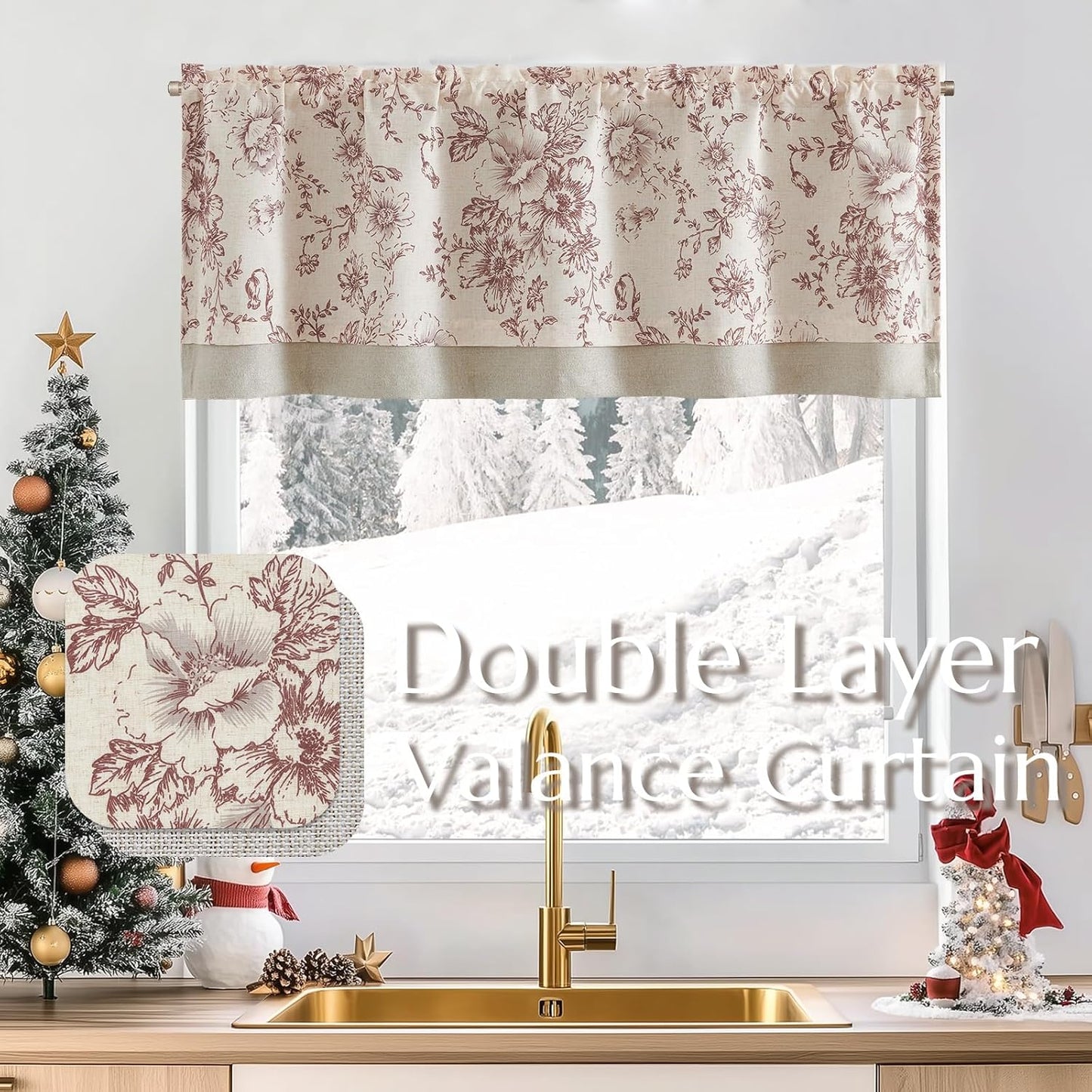 TOPICK Vitrage, linnenlook, boerderij, bloemen, klein raamgordijn, dubbellaags verduistering, korte keukengordijnen voor woonkamer, keuken, staafzak, 1 stuk, 125 x 45 cm (b x h), rood op beige Linnen gordijnen met bloem: dompel je huis onder in de seizoen