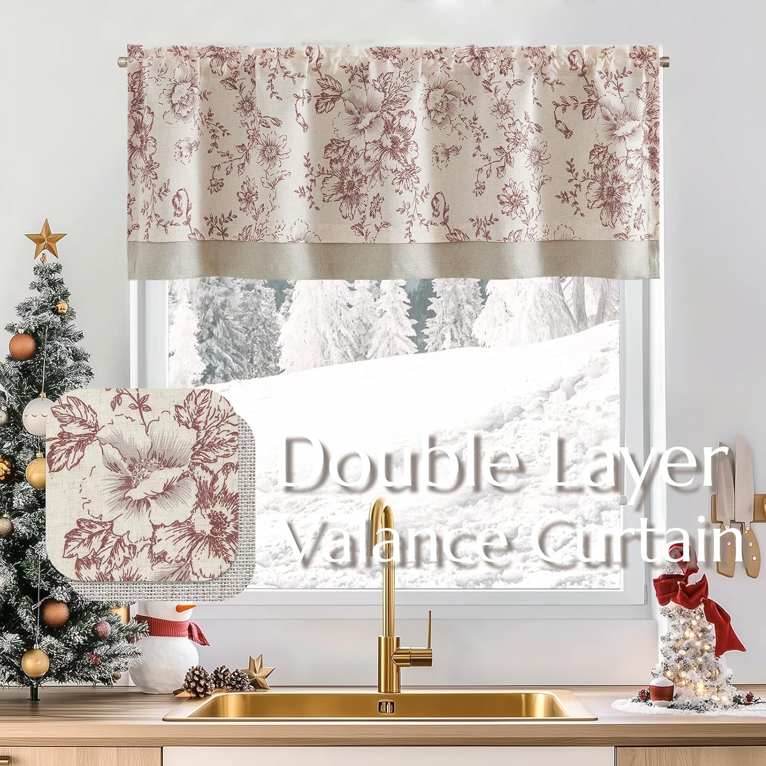 TOPICK Vitrage, linnenlook, boerderij, bloemen, klein raamgordijn, dubbellaags verduistering, korte keukengordijnen voor woonkamer, keuken, staafzak, 1 stuk, 125 x 45 cm (b x h), rood op beige Linnen gordijnen met bloem: dompel je huis onder in de seizoen
