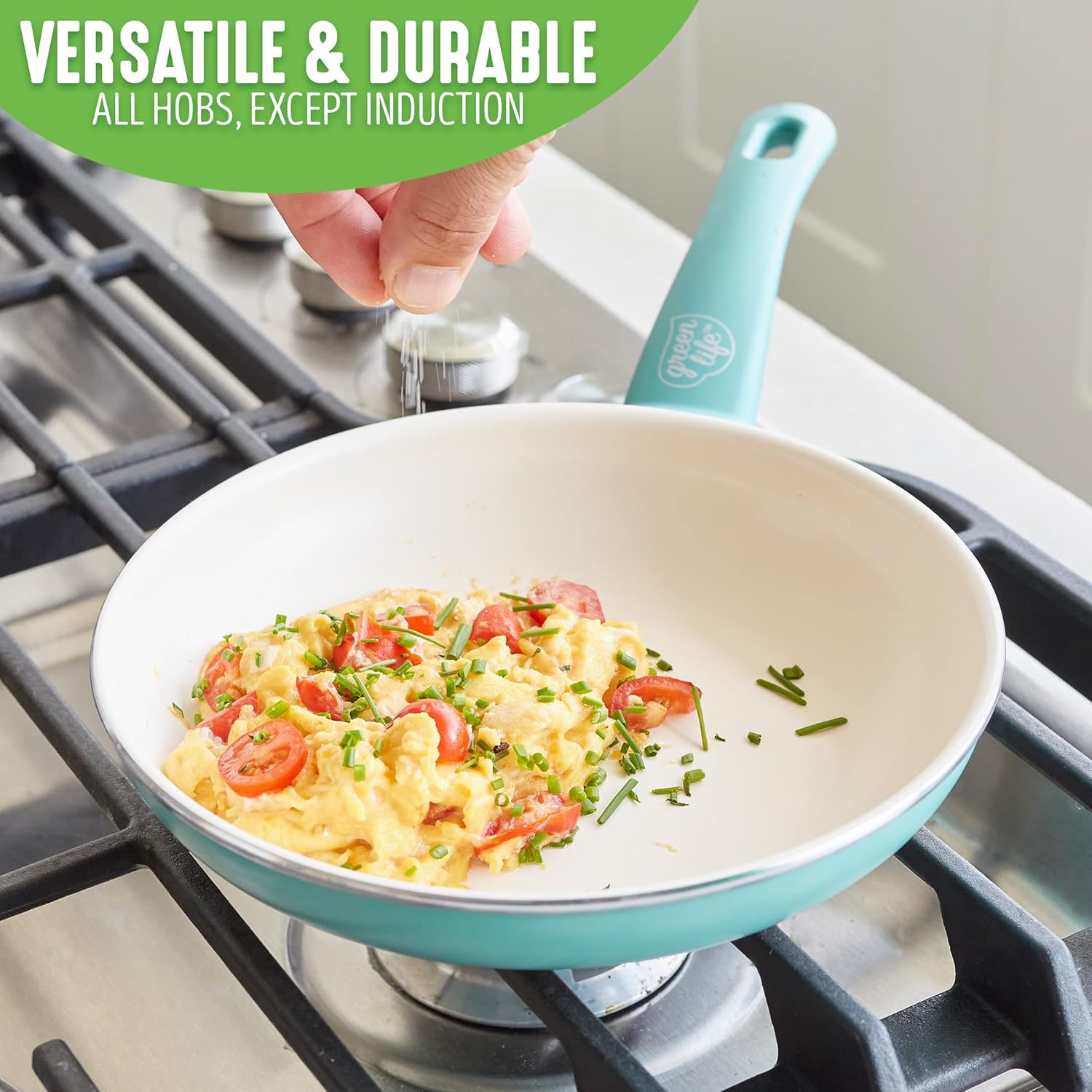 GreenLife Soft Grip Gezonde Keramische Antiaanbaklaag 16-delige Pannenset Over dit item DE POT EN PAN SET INCLUSIEF: 12 cm minikoekenpan, 18 cm en 24 cm koekenpan; 15 cm/1,1l en 18 cm/1,9l steelpan met deksel, 22 cm/4,8 kookpan met deksel, 24 cm/2,4l hapj