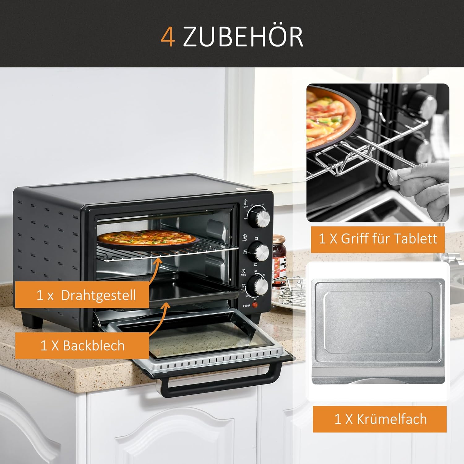 HOMCOM Mini Backoven 21L Pizza-Oven Individuell einstellbare Kocherlebnisse: Mit einer Temperaturwahl von 100 °C bis 230 °C und einem einstellbaren Timer des Tischbackofens bis zu 60 Minuten können Sie jedes Gericht genau nach Ihren Wünschen zubereiten. O