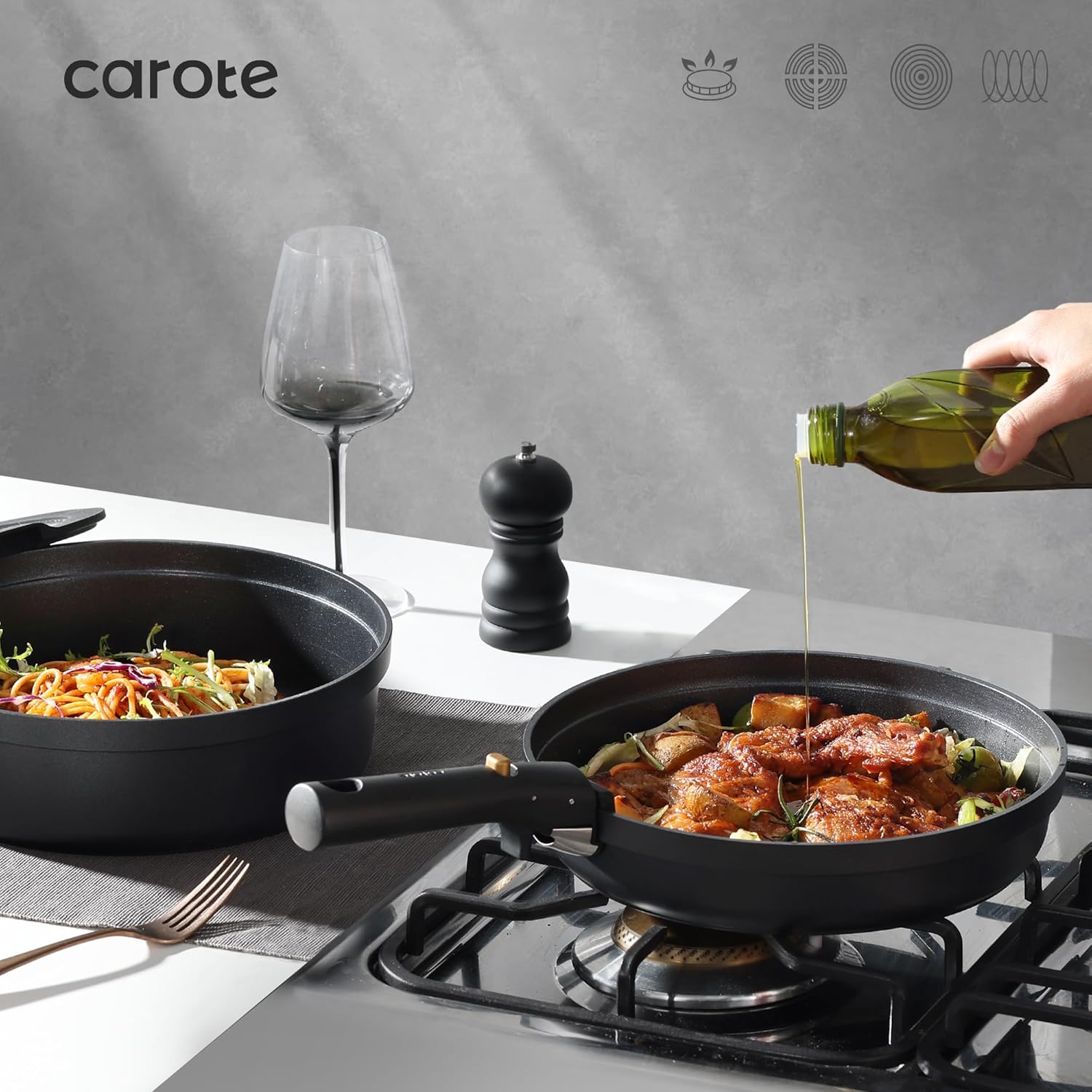 CAROTE Pannenset met afneembare handgrepen 20-delig anti-aanbak kookgerei Over dit item CAROTE Pannen/pannenset met afneembare handgrepen, pan, steelpan, wok, anti-aanbaklaag, koken, stapelbare pan, inductie, ovenbestendig, vaatwasser Voor een opgeruimde
