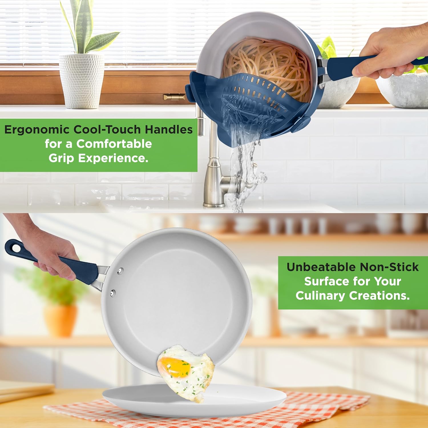 NutriChef Kookpannenset 20-delige Antiaanbak pannen en -potten met Bakgerei 20-DELIGE SET: NutriChef 20-delige antiaanbak pannenset inclusief (6) bakvormen, 3 nylon kookgerei, siliconen vergiet, 20 cm, 25 cm, 30 cm open koekenpan, 1,4 L & 2,4 L sauspan me