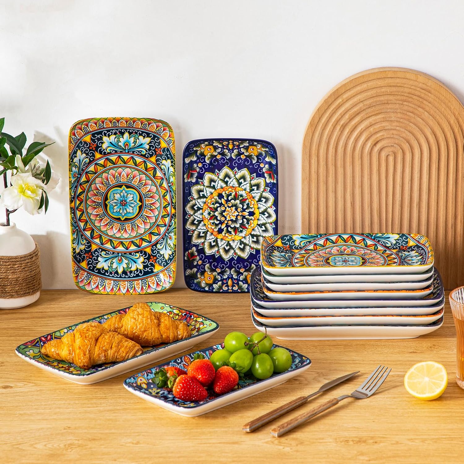 vancasso SIMI Serveerborden, porselein, rechthoekige bordenset, 6-delige Boheemse platte borden, bordenset voor 6 personen, 22 x 13 x 2,3 cm Uniek Boheems design: deze prachtige keramische set met sushi-borden en vervlochten bohemienpatroon geeft je eetta