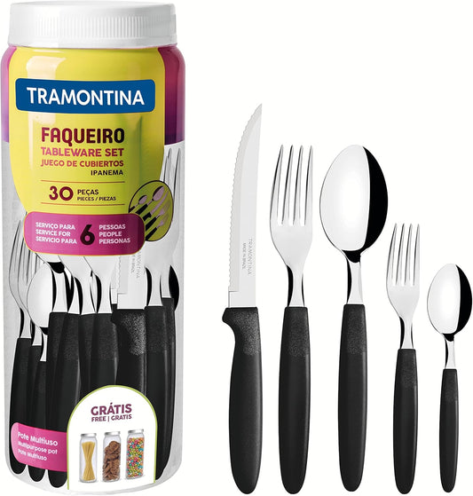 Tramontina Ipanema Bestekset voor 6 personen, 30-delig, roestvrij staal, handvat zwart Over dit item De Ipanema bestekserie van Tramontina is ideaal voor je dagelijkse maaltijden. Met kunststof handgrepen in verschillende kleuren verspreiden ze veel vroli