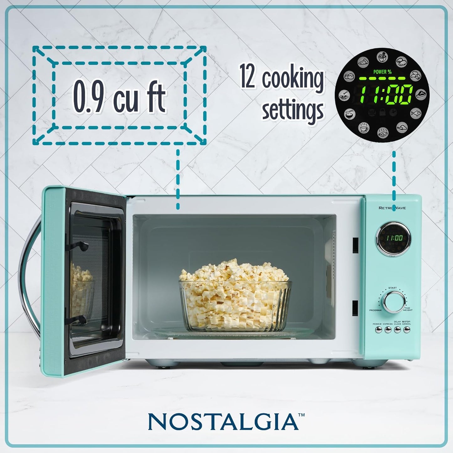 Nostalgia Retro Magnetron 25 liter 900 watt Nostalgia Retro Magnetron UKNRMO9AQ6A, 25 liter, 900 watt met 5 vermogensniveaus, 12 voorgeprogrammeerde kookinstellingen, draaitafel, digitale klok, aqua-kleur Klassieke look GEMAKKELIJK TE LEZEN KLOK: U hoeft