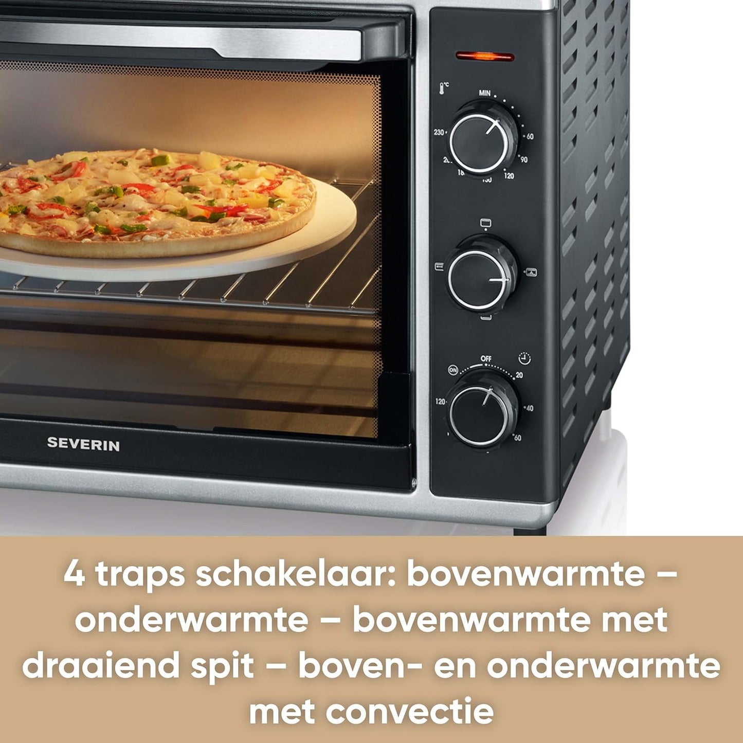 Severin To 2058 Bak-Toastoven, met Convectiefunctie, 1800 W, Incl. Pizzasteen, Zilver/Zwart Betrouwbare en praktische bak- en toastoven met recirculatiefunctie voor het bereiden van ovenschotels zoals frites, pizza of gebakken brood en cake - inclusief pi