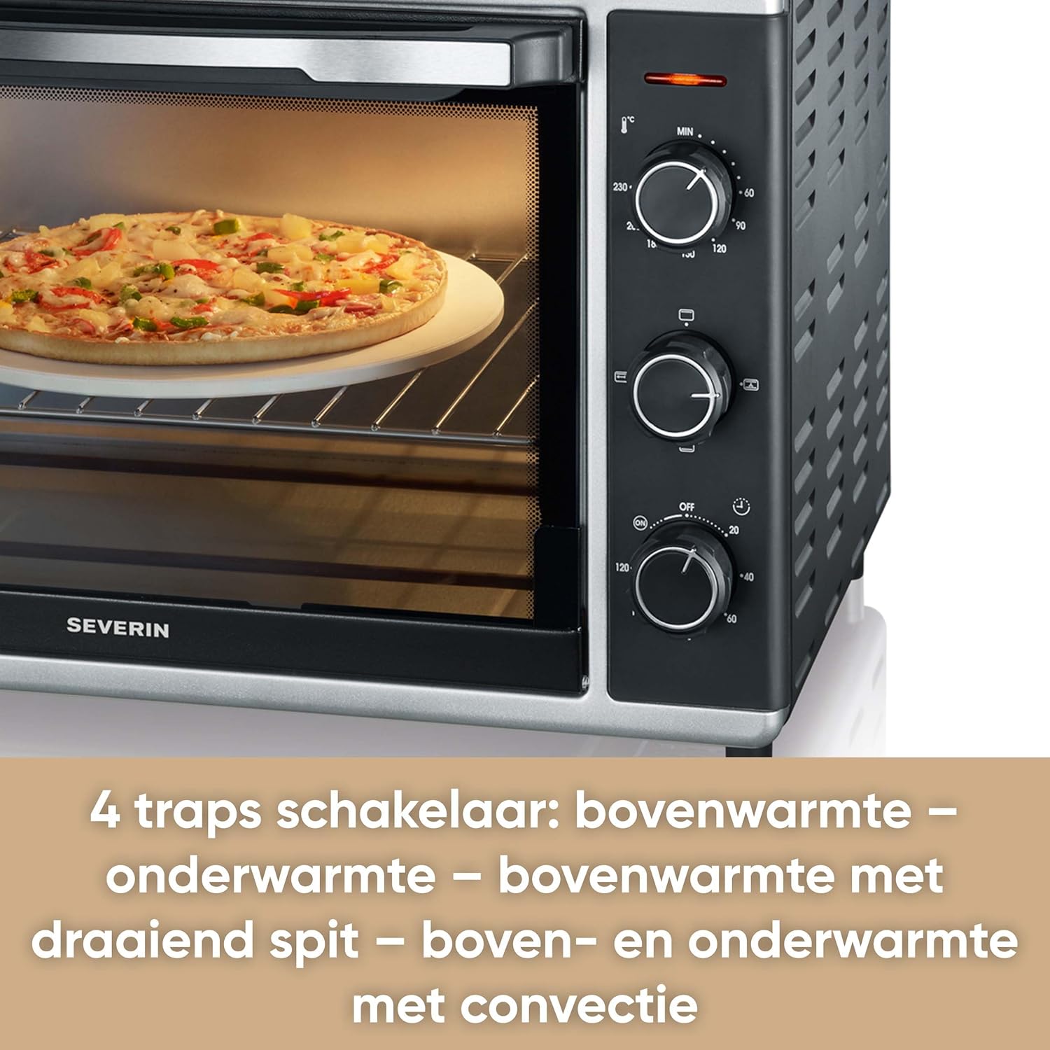 Severin To 2058 Bak-Toastoven, met Convectiefunctie, 1800 W, Incl. Pizzasteen, Zilver/Zwart Betrouwbare en praktische bak- en toastoven met recirculatiefunctie voor het bereiden van ovenschotels zoals frites, pizza of gebakken brood en cake - inclusief pi