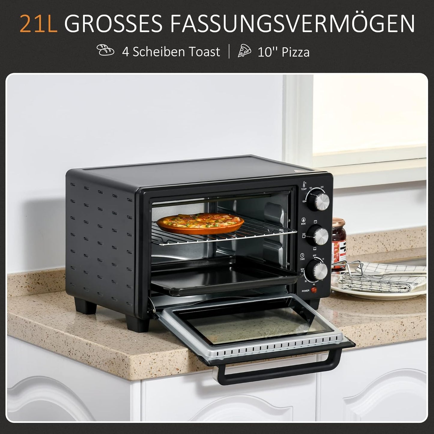 HOMCOM Mini Backoven 21L Pizza-Oven Individuell einstellbare Kocherlebnisse: Mit einer Temperaturwahl von 100 °C bis 230 °C und einem einstellbaren Timer des Tischbackofens bis zu 60 Minuten können Sie jedes Gericht genau nach Ihren Wünschen zubereiten. O