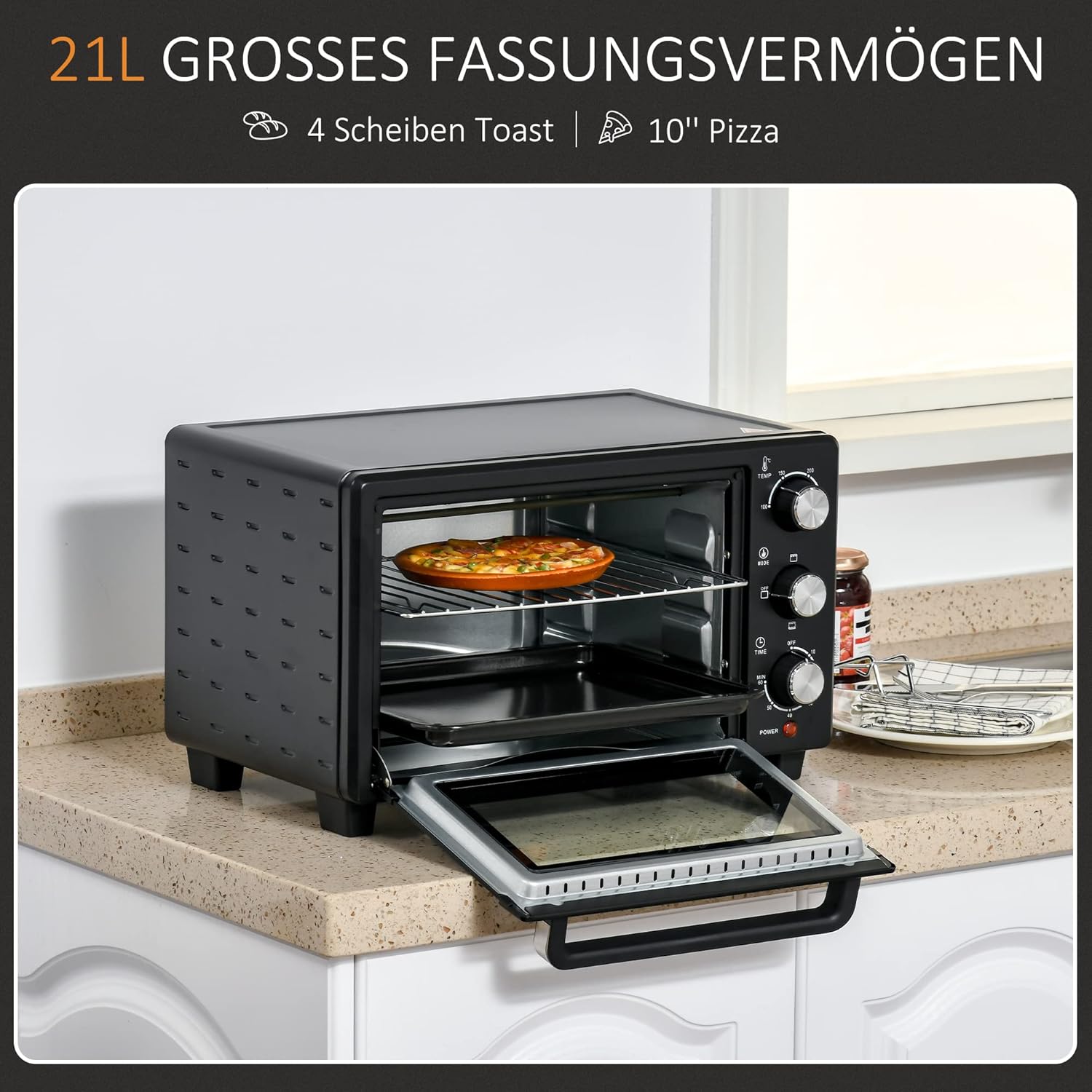 HOMCOM Mini Backoven 21L Pizza-Oven Individuell einstellbare Kocherlebnisse: Mit einer Temperaturwahl von 100 °C bis 230 °C und einem einstellbaren Timer des Tischbackofens bis zu 60 Minuten können Sie jedes Gericht genau nach Ihren Wünschen zubereiten. O