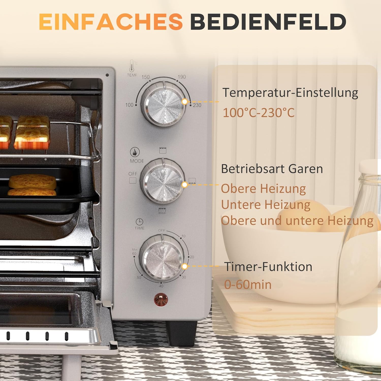 HOMCOM Mini Backoven 21L Pizza-Oven Individuell einstellbare Kocherlebnisse: Mit einer Temperaturwahl von 100 °C bis 230 °C und einem einstellbaren Timer des Tischbackofens bis zu 60 Minuten können Sie jedes Gericht genau nach Ihren Wünschen zubereiten. O