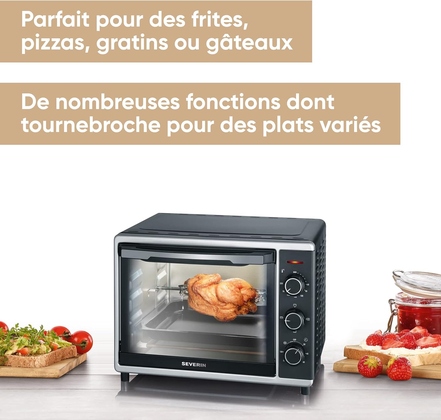 SEVERIN bak- en toastoven met heteluchtfunctie, mini-oven met grillrooster en bakplaat, 30 L inhoud, 1.600 W, zilver/zwart, TO 2056 [Energieklasse B] Betrouwbare en praktische bak- en toastoven met circulatiefunctie voor het bereiden van ovengerechten zoa