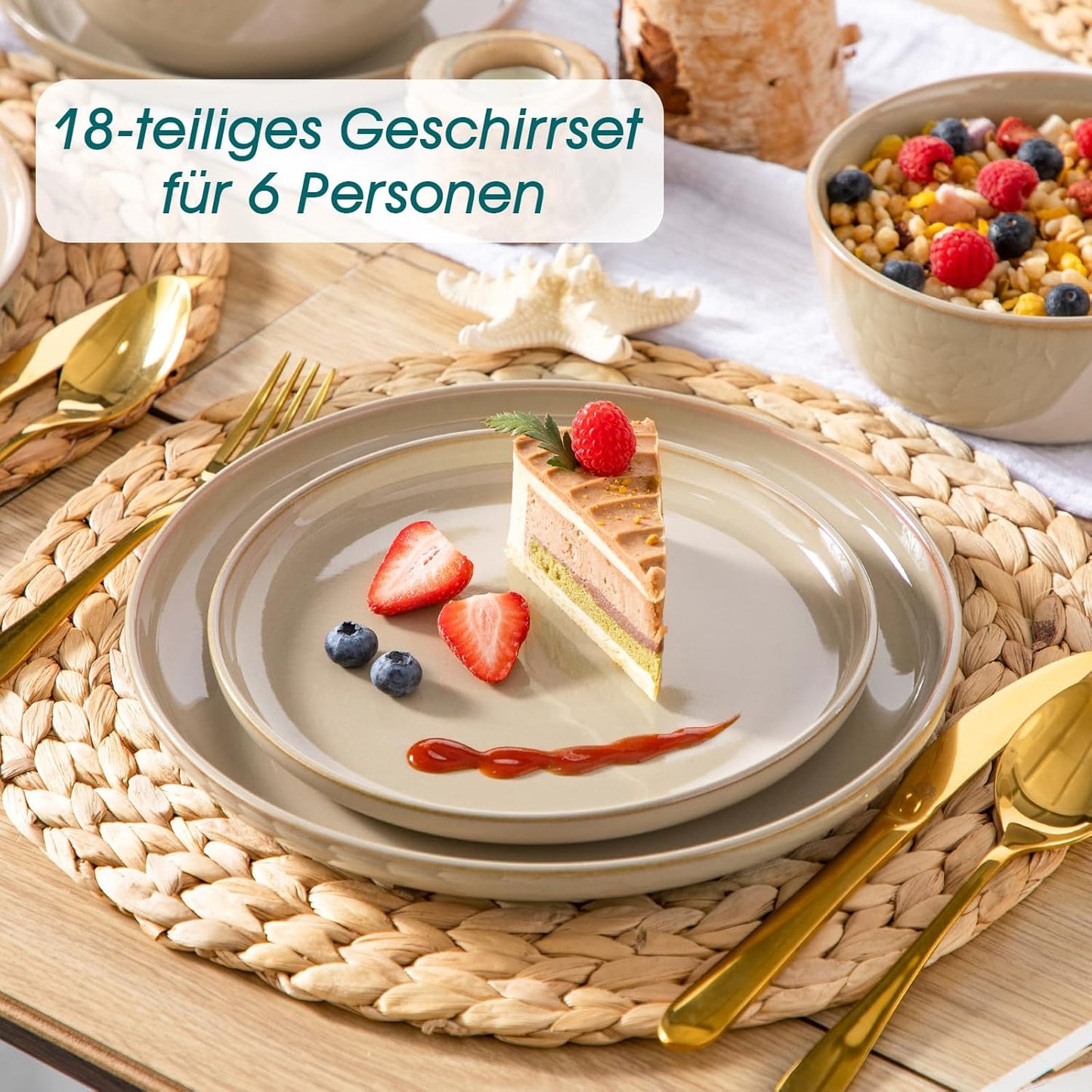 vancasso PLAYA Tafelservies voor 6 personen, 18-delig, modern, aardewerk serviesset, bevat kom, dessertborden en platte borden, vaatwasmachinebestendig, blauw Compleet assortiment servies: de moderne vancasso PLAYA serviesset voor 6 personen omvat 6 komme