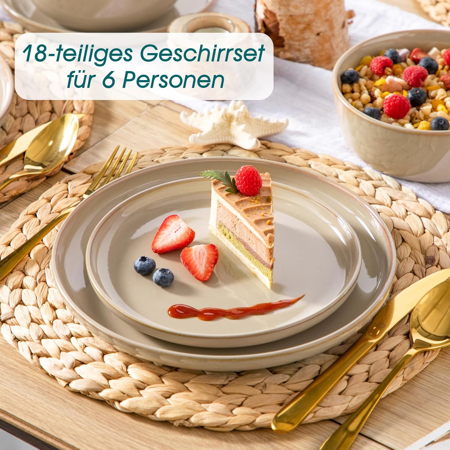 vancasso PLAYA Tafelservies voor 6 personen, 18-delig, modern, aardewerk serviesset, bevat kom, dessertborden en platte borden, vaatwasmachinebestendig, blauw Compleet assortiment servies: de moderne vancasso PLAYA serviesset voor 6 personen omvat 6 komme