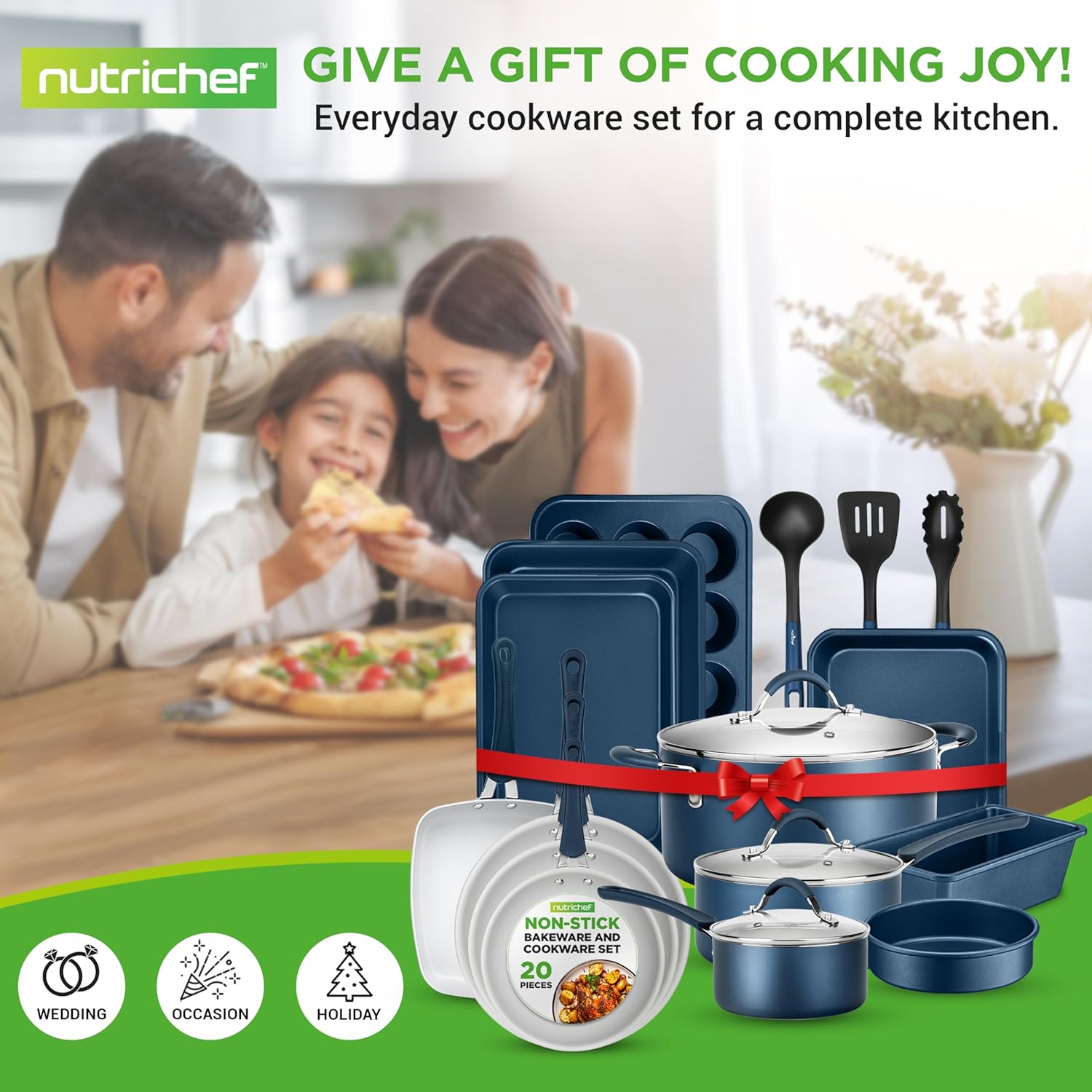 NutriChef Kookpannenset 20-delige Antiaanbak pannen en -potten met Bakgerei 20-DELIGE SET: NutriChef 20-delige antiaanbak pannenset inclusief (6) bakvormen, 3 nylon kookgerei, siliconen vergiet, 20 cm, 25 cm, 30 cm open koekenpan, 1,4 L & 2,4 L sauspan me